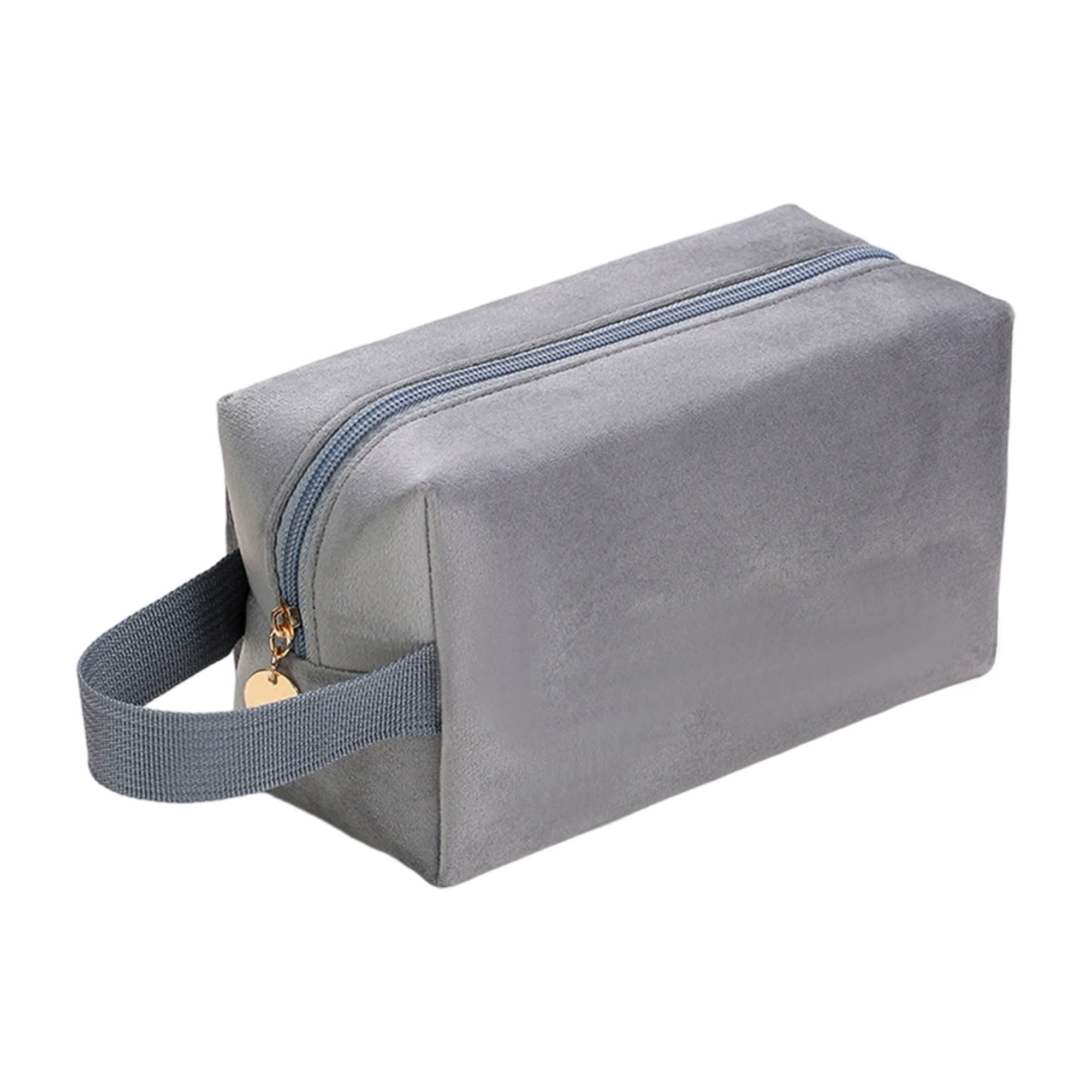 A grey flannel cosmetic bag with a zip closure and a handle for easy carrying.