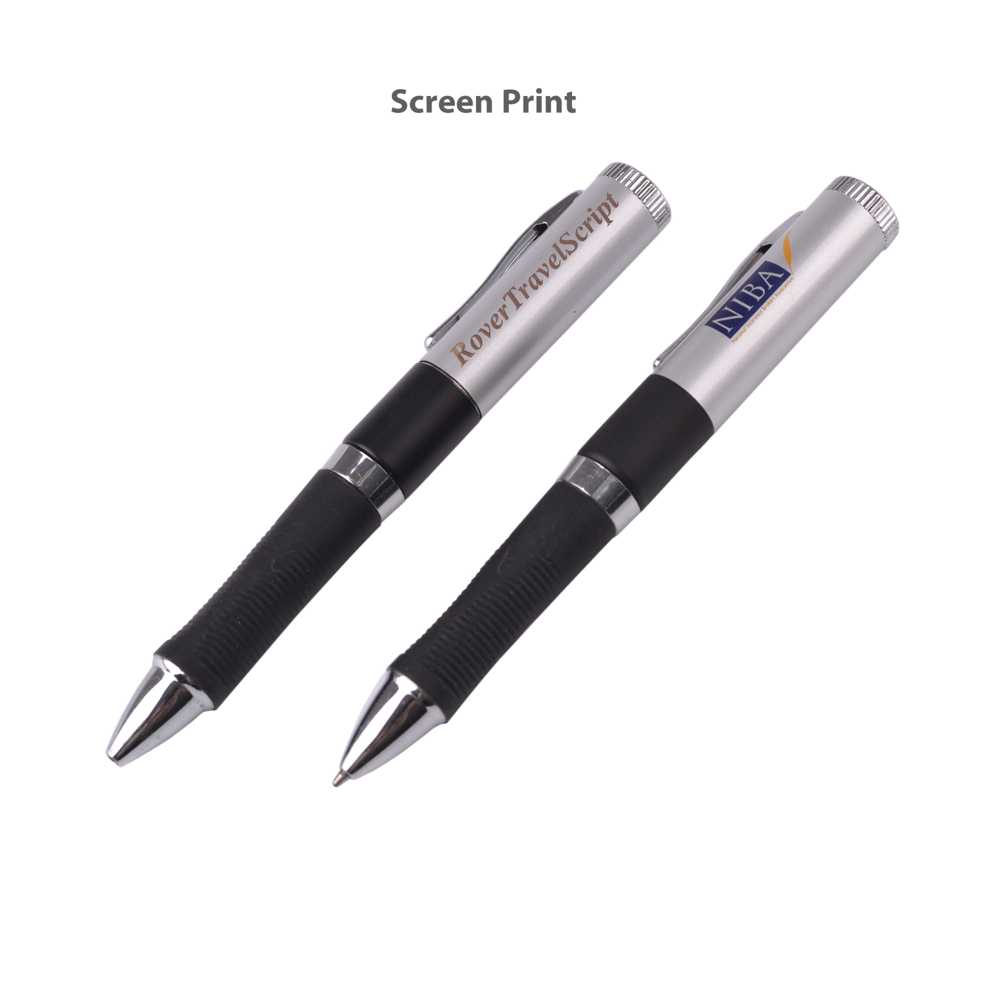A silver and black pen with a textured grip, featuring a logo on the clip and a shiny silver tip.