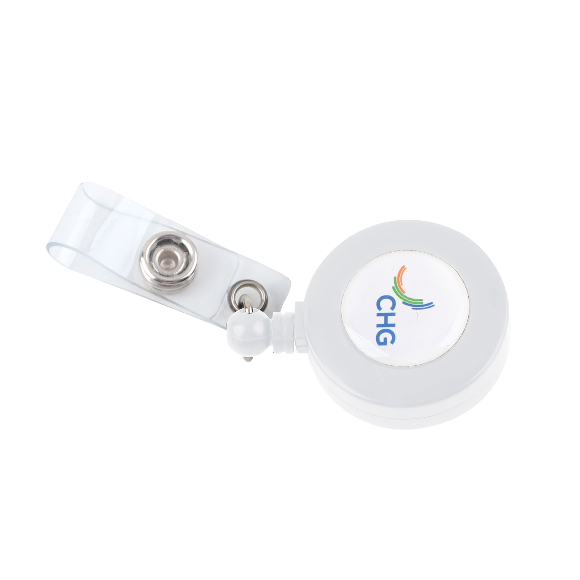 A round retractable card holder in white with a clear strap and a logo on the front.