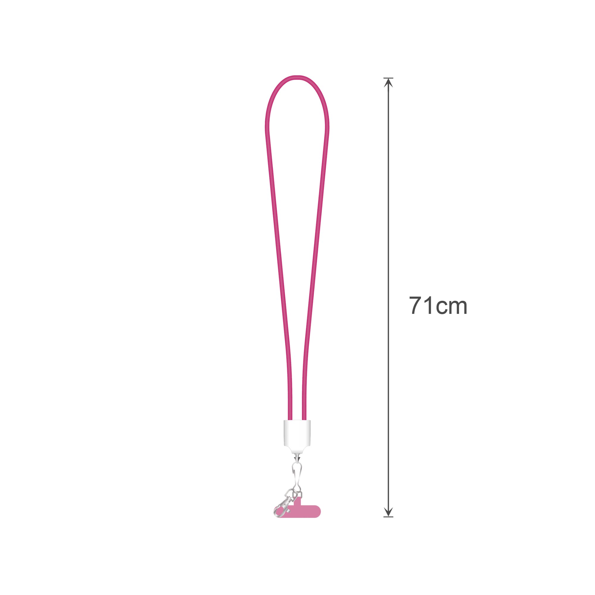 A pink 71cm lanyard with a connector for attaching a charging device. It features a logo.
