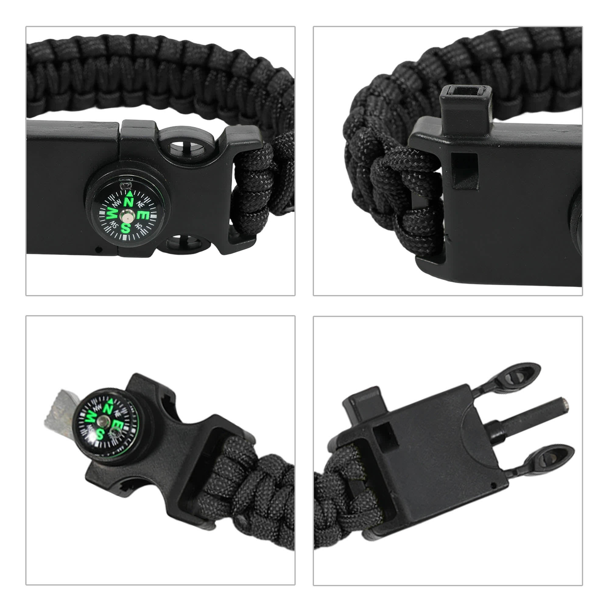 A black paracord survival bracelet featuring a compass and multiple attachment points for versatility.