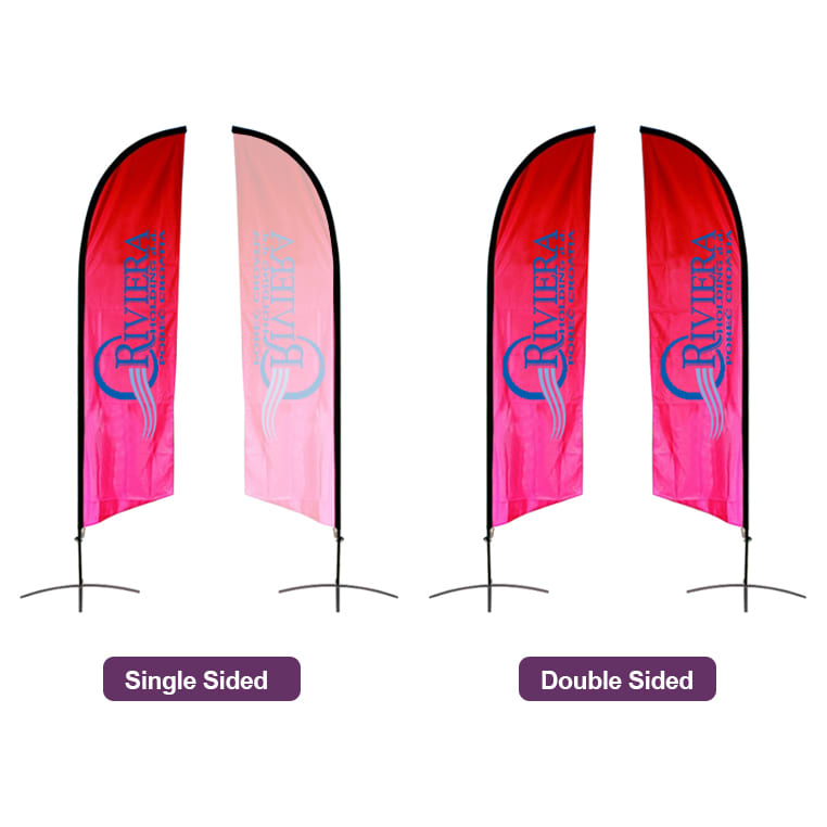 Large angled feather banners in red and pink; available in single-sided and double-sided designs. Includes a logo.