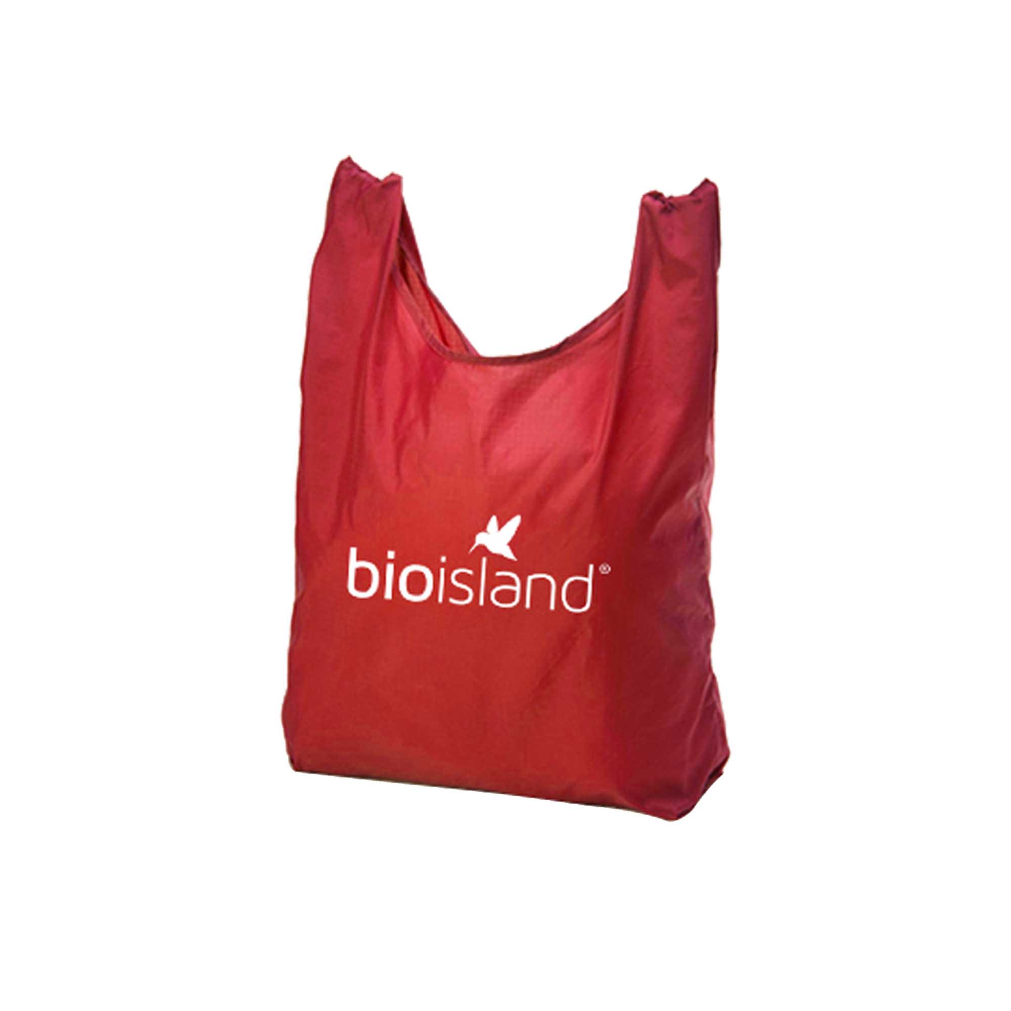 A red foldaway shopping tote bag with a logo on the front, featuring a soft, lightweight design.