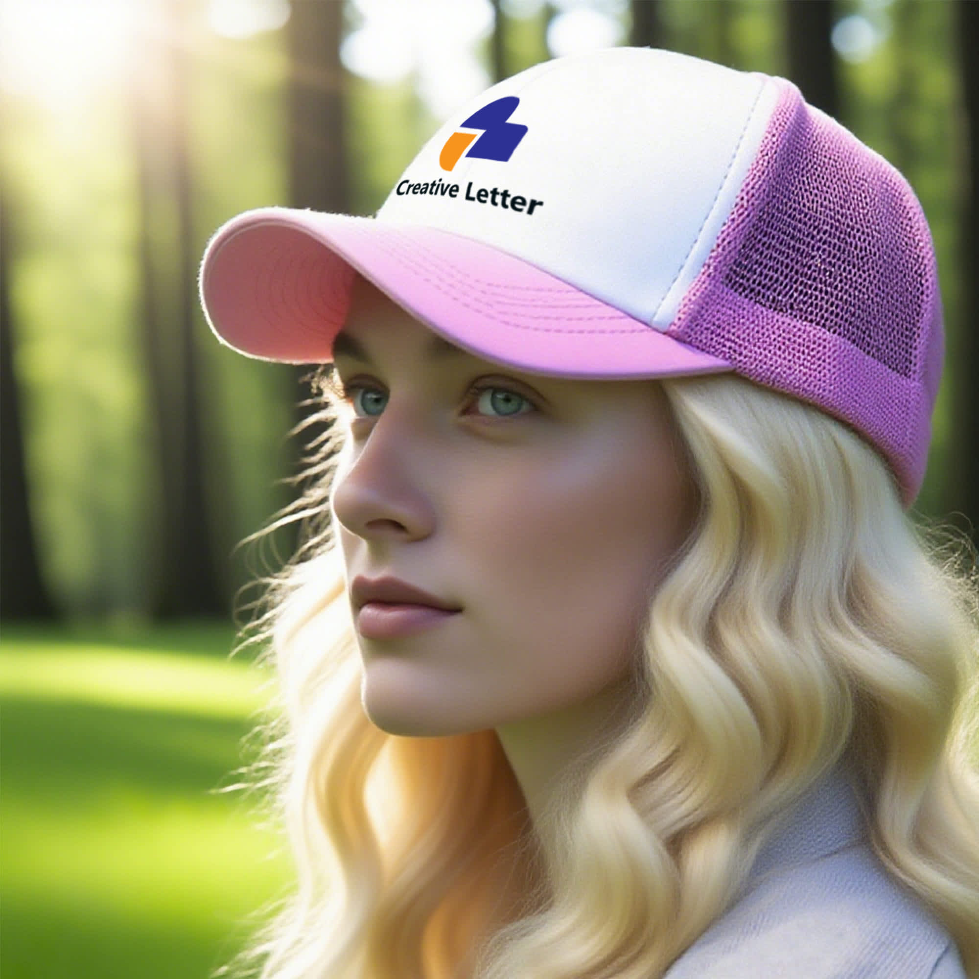 A pink and white trucker cap featuring a mesh back and a logo, worn by a person in a sunlit forest setting.