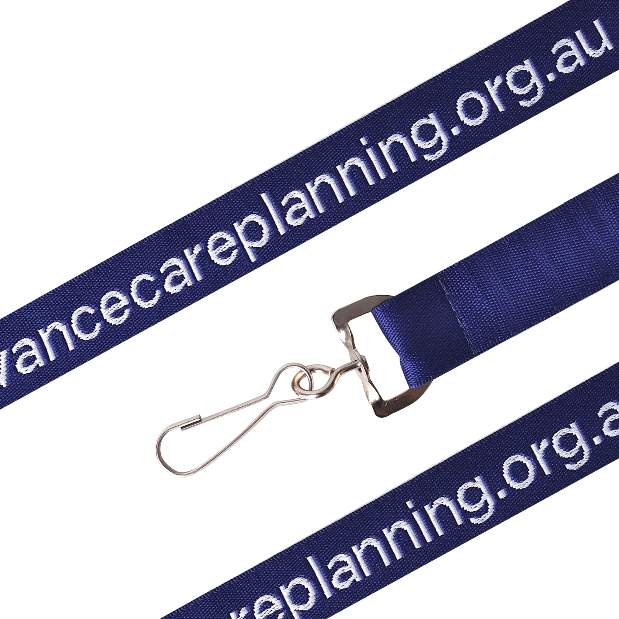 A navy woven lanyard featuring a metal clip and a logo.