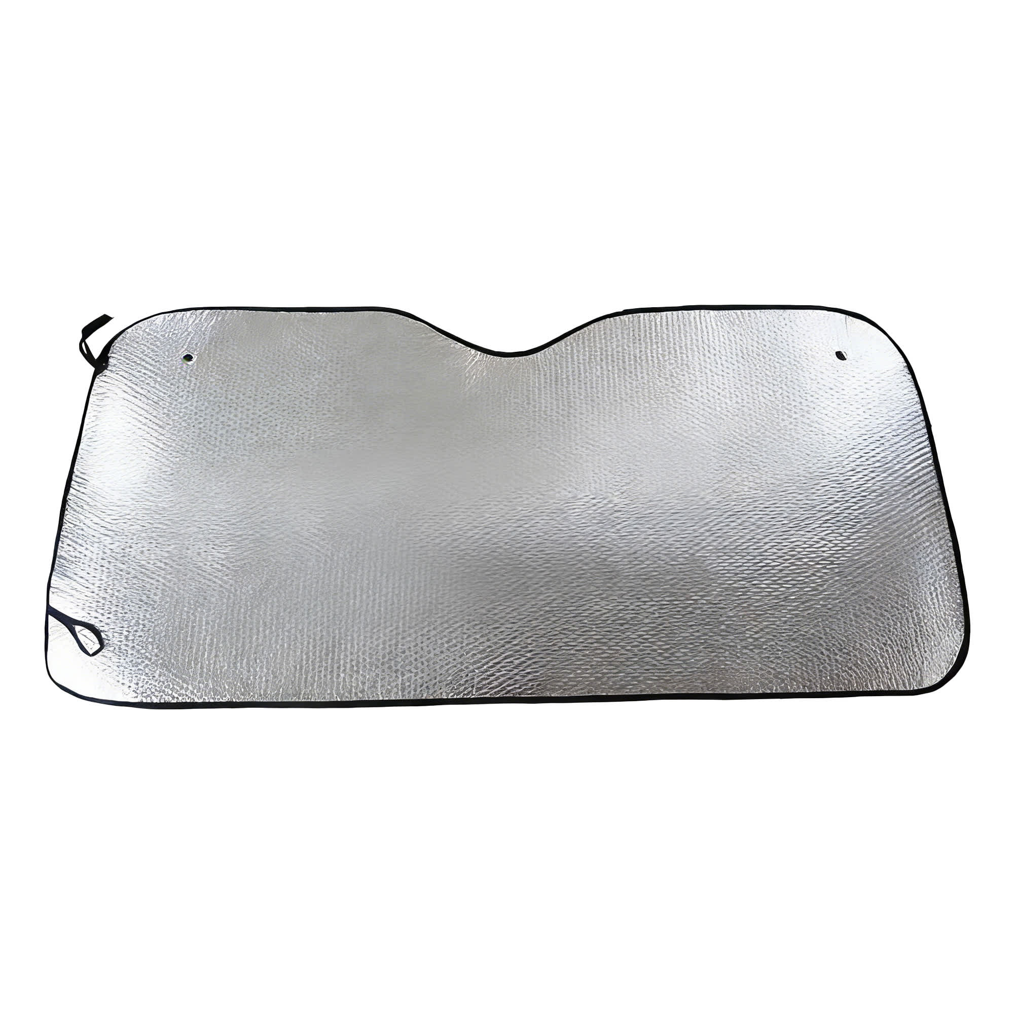 A silver bubble aluminium car sunshade featuring a black trim and holes for secure fitting.