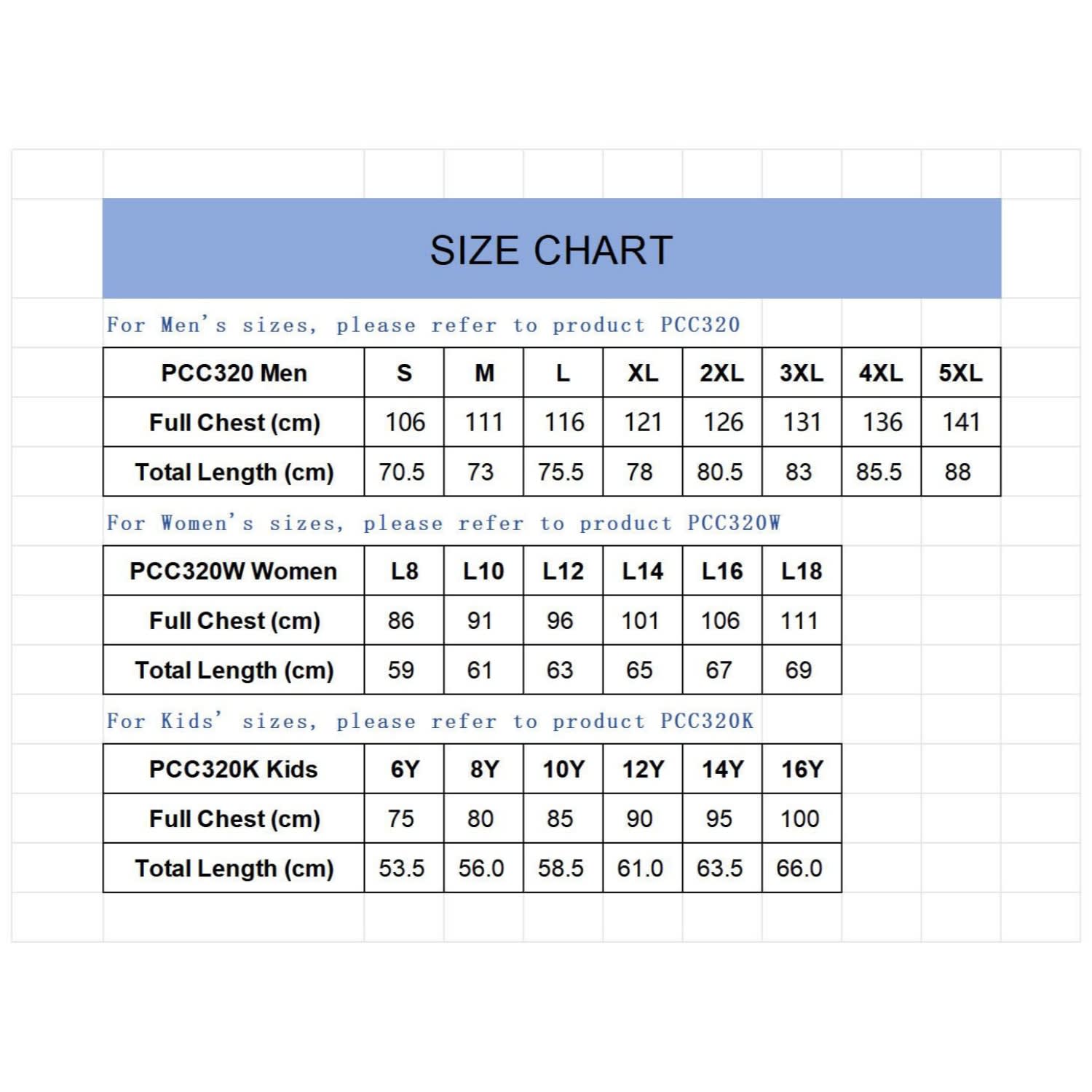 A size chart for a unisex RPET sublimated round-collar tee shirt, detailing measurements for men, women, and kids.