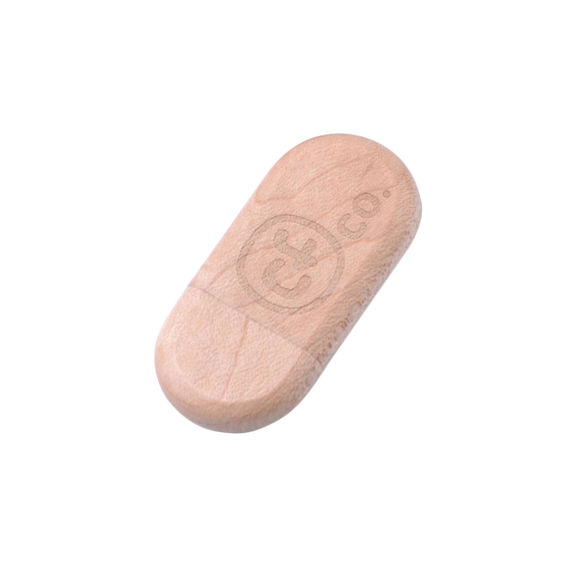 An oblong wooden flash drive in light wood tone with a logo engraved on the surface.