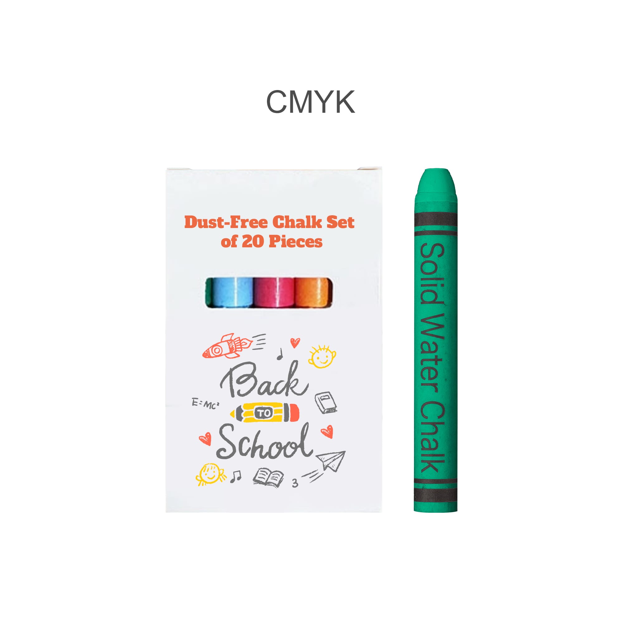 A set of 20 dust-free chalk sticks in various bright colours, packaged in a box featuring a logo and colourful graphics.