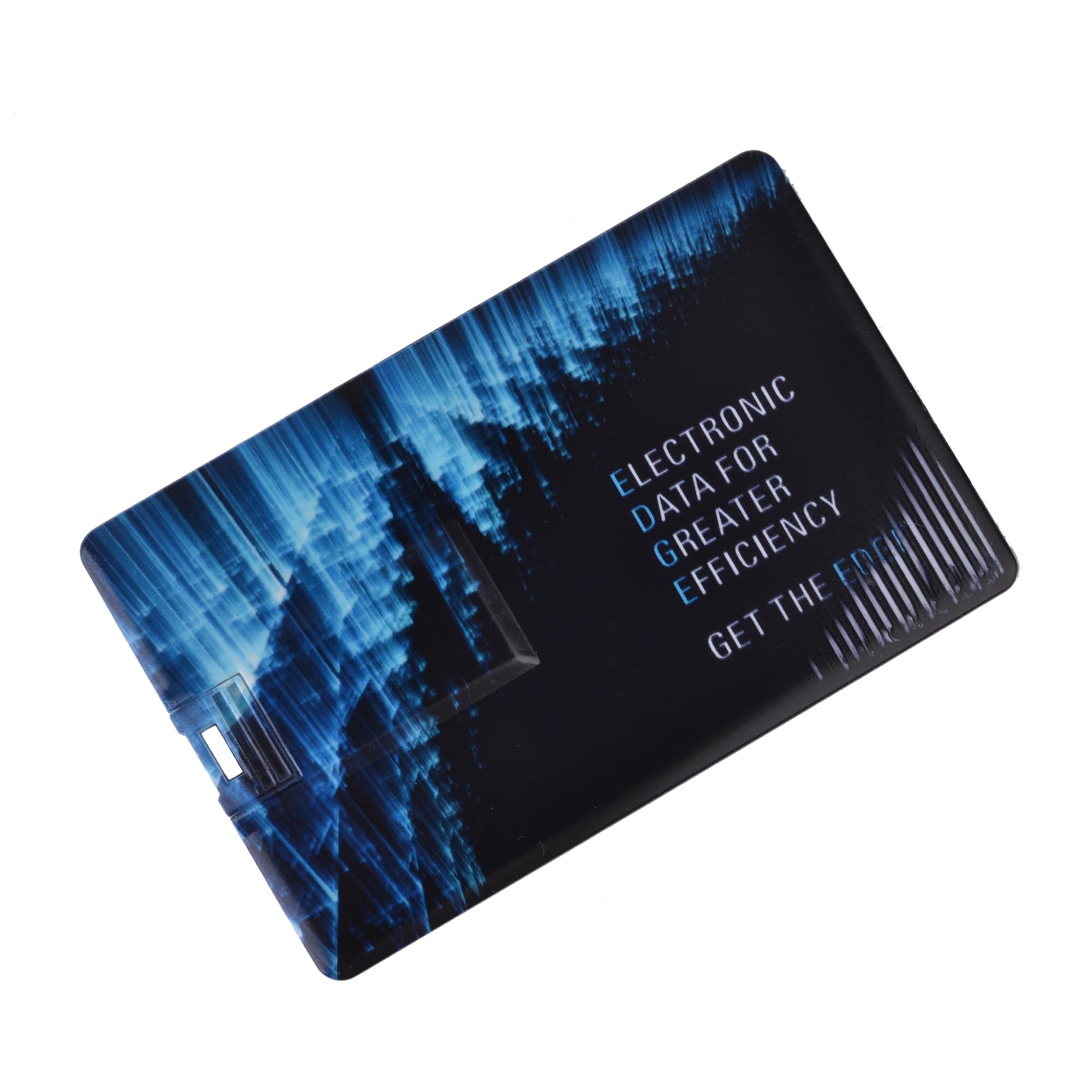 A black and blue credit card-sized flash drive featuring a sleek design and a logo.