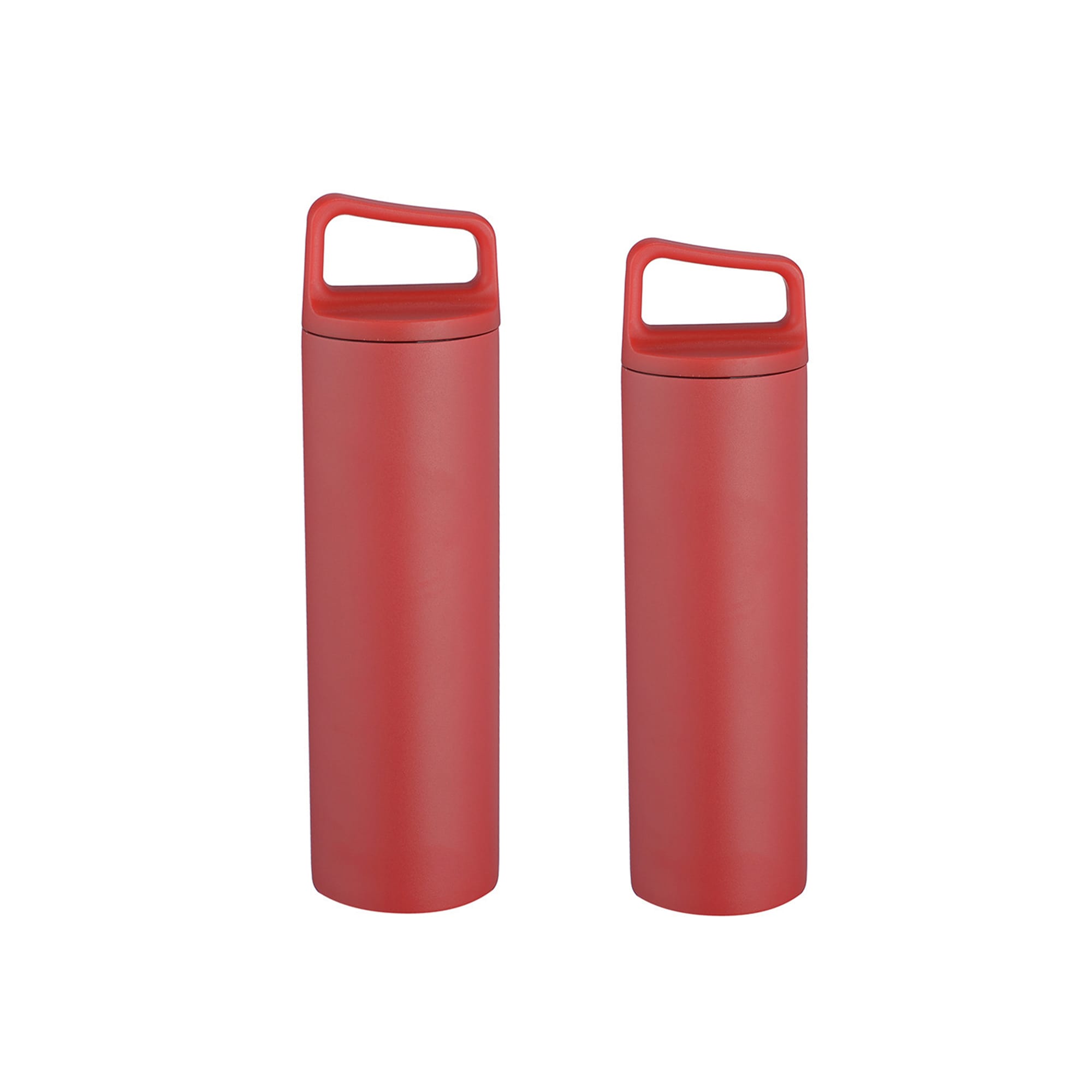 A drink bottle set featuring two red stainless steel vacuum thermal bottles with handles.