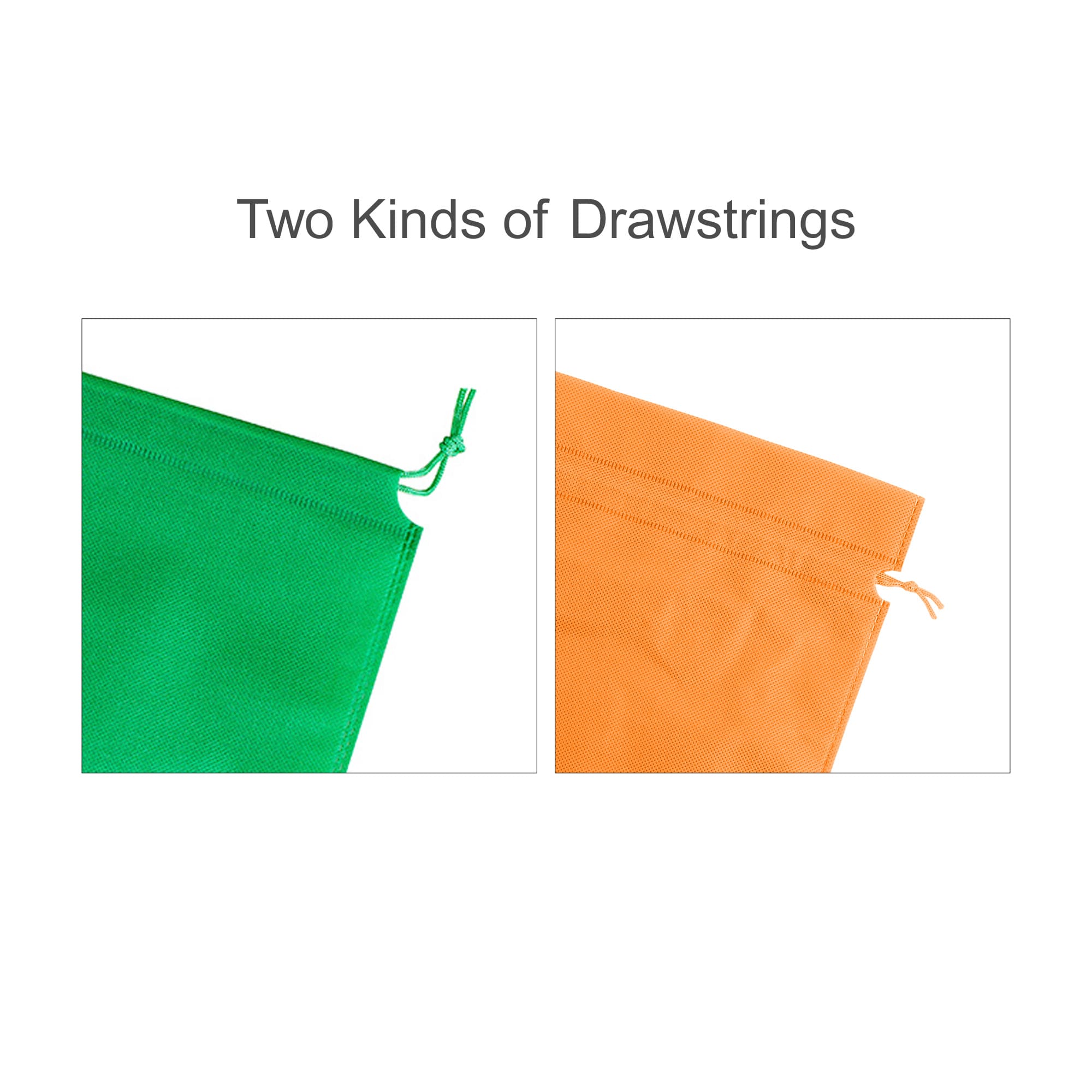 A green and an orange non-woven drawstring bag displayed side by side, each featuring a different drawstring design.