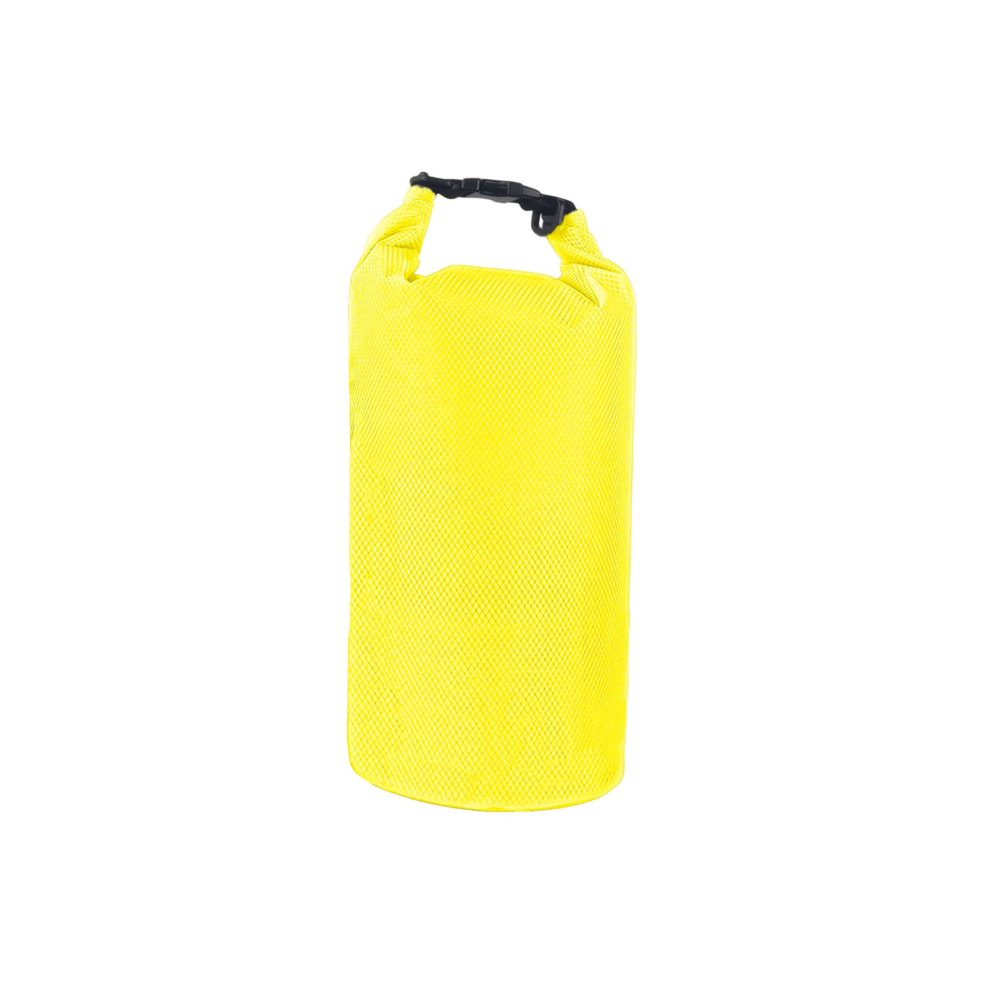 A yellow Oxford cloth dry bag with a black strap and buckle closure, featuring a textured surface.