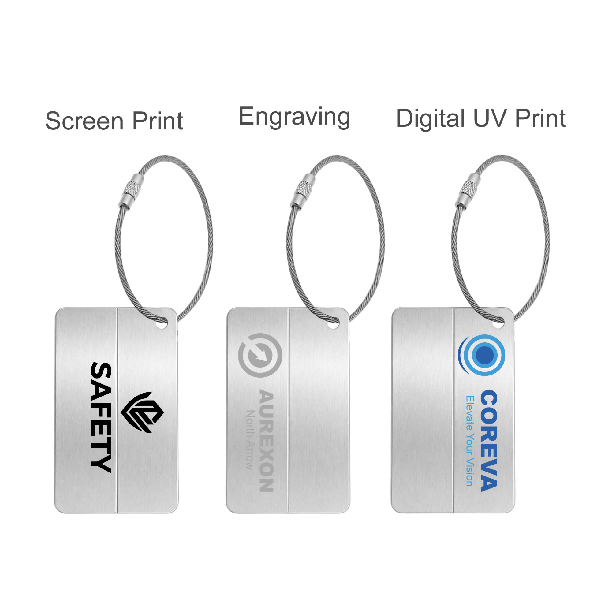 A collection of three metal luggage tags featuring different printing options and a steel wire attachment.