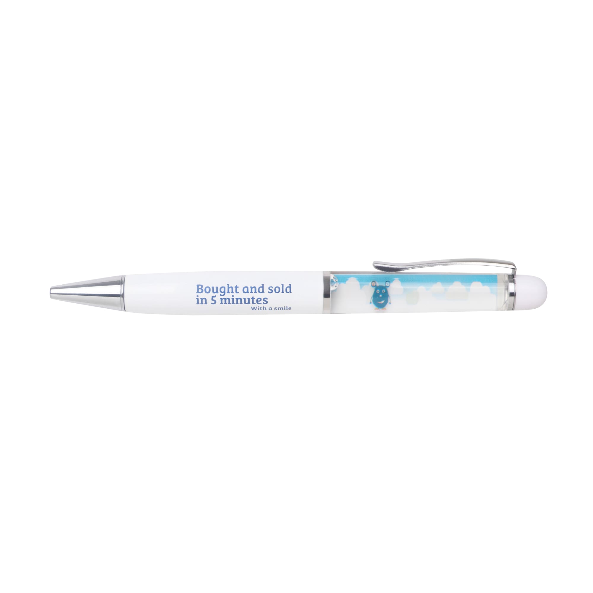A floating pen featuring a white body, silver accents, and a design element inside. It has a logo and text.