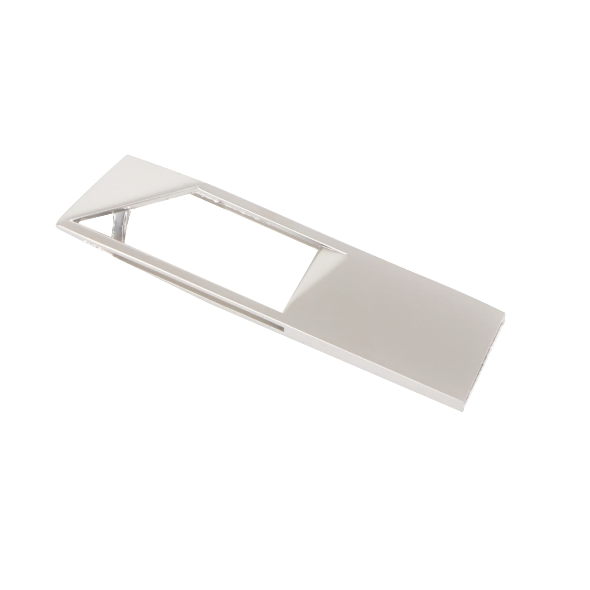 A portable metal flash drive in a sleek silver design, featuring a logo on its surface.