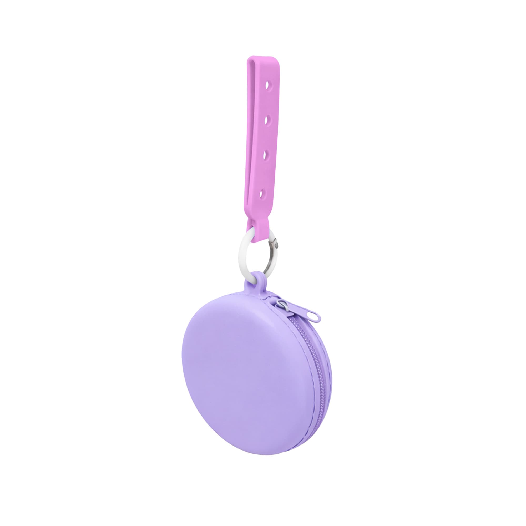 A round silicone pouch in lavender with a pink strap, featuring a zipper and a metal ring for attachment.