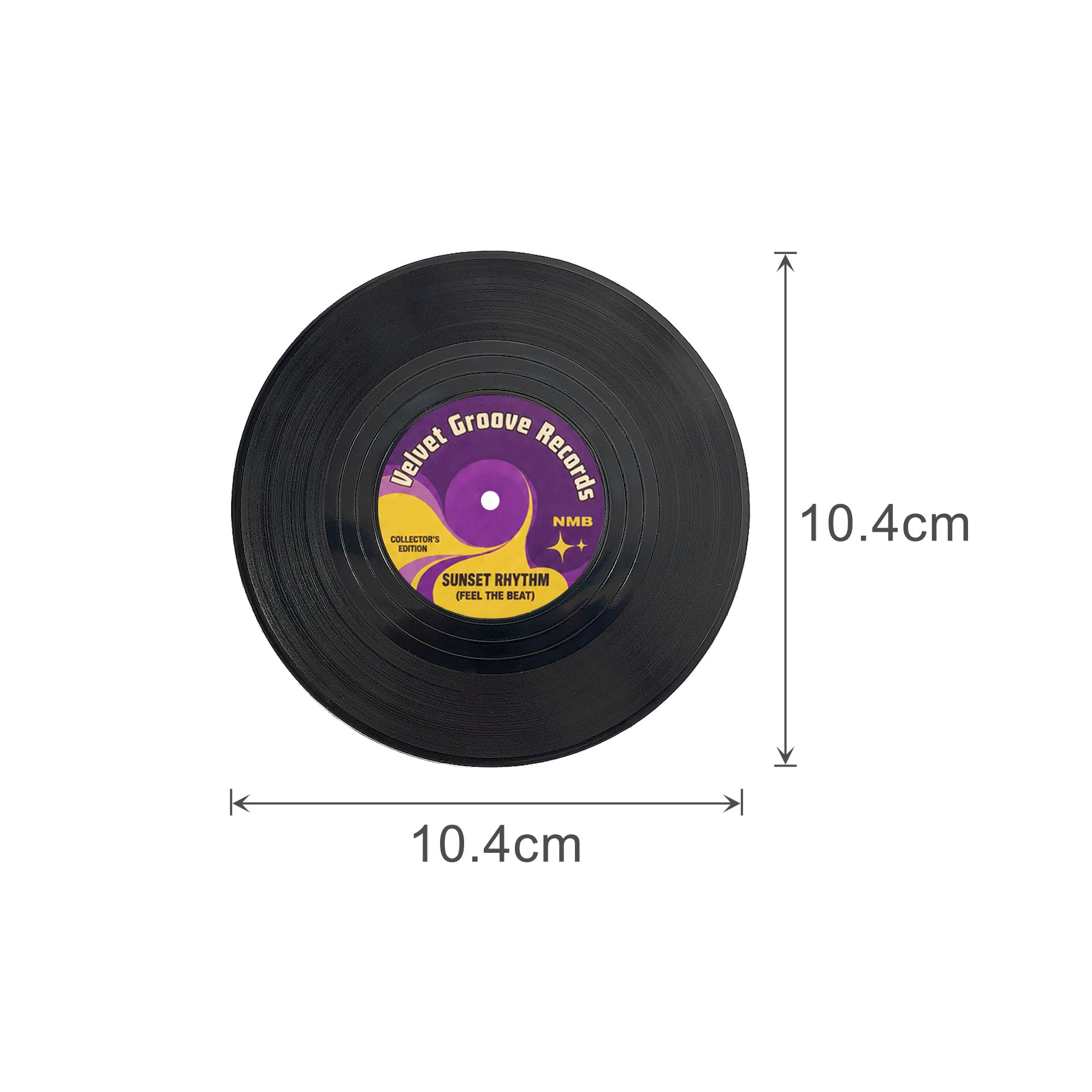 A round black record coaster with a purple and yellow logo and dimensions of 10.4 cm.