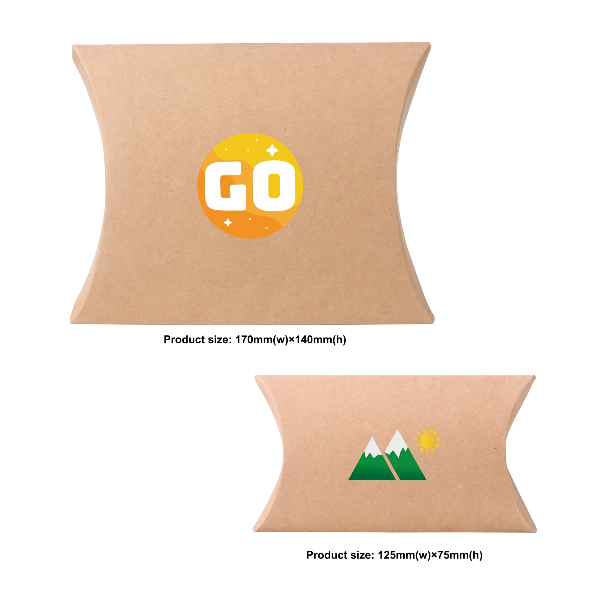 A small brown Kraft pillow box with a logo, featuring a smooth, curved design and dimensions of 125 x 75 x 30mm.