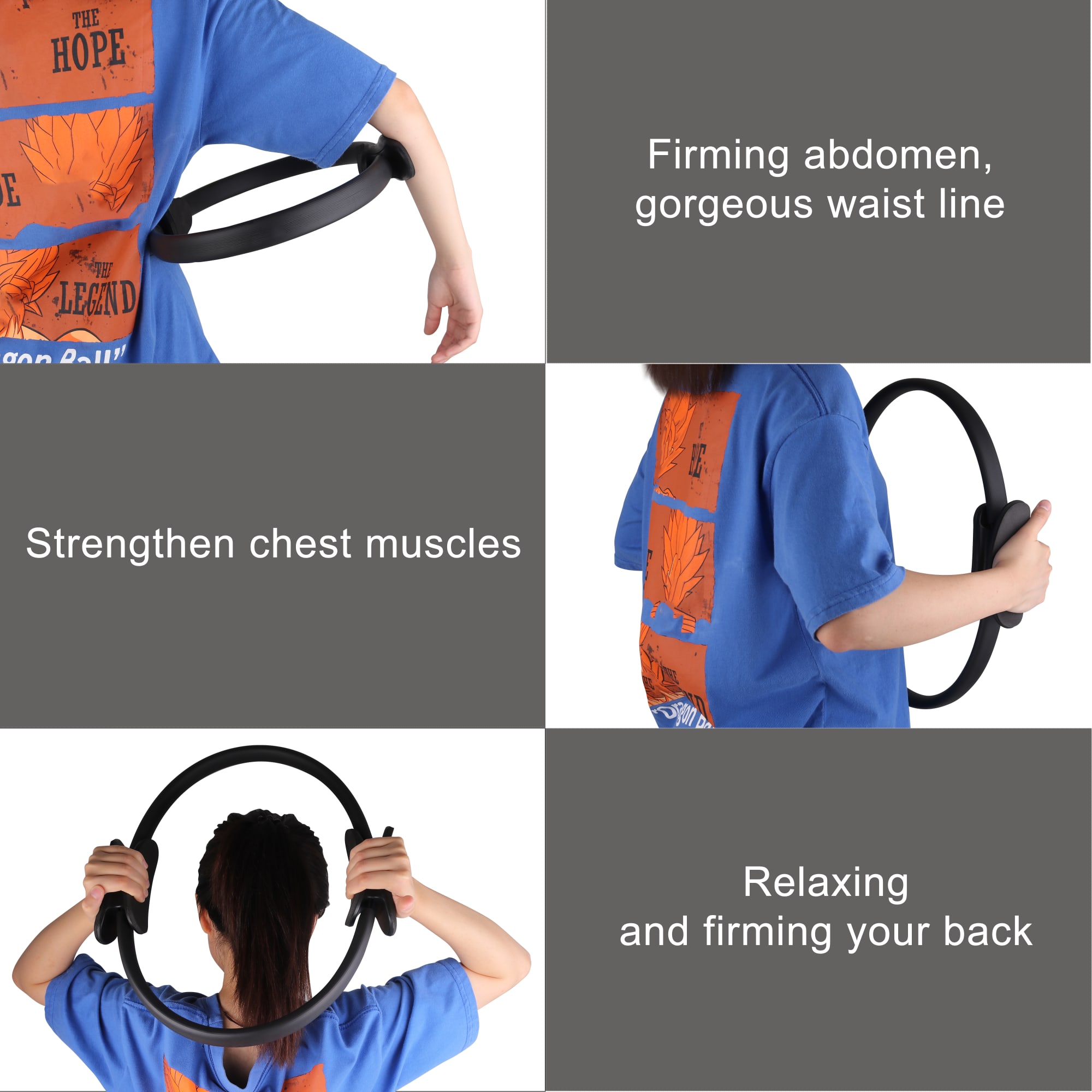 A Pilates circle in black, featured in various positions demonstrating core and chest strengthening exercises.