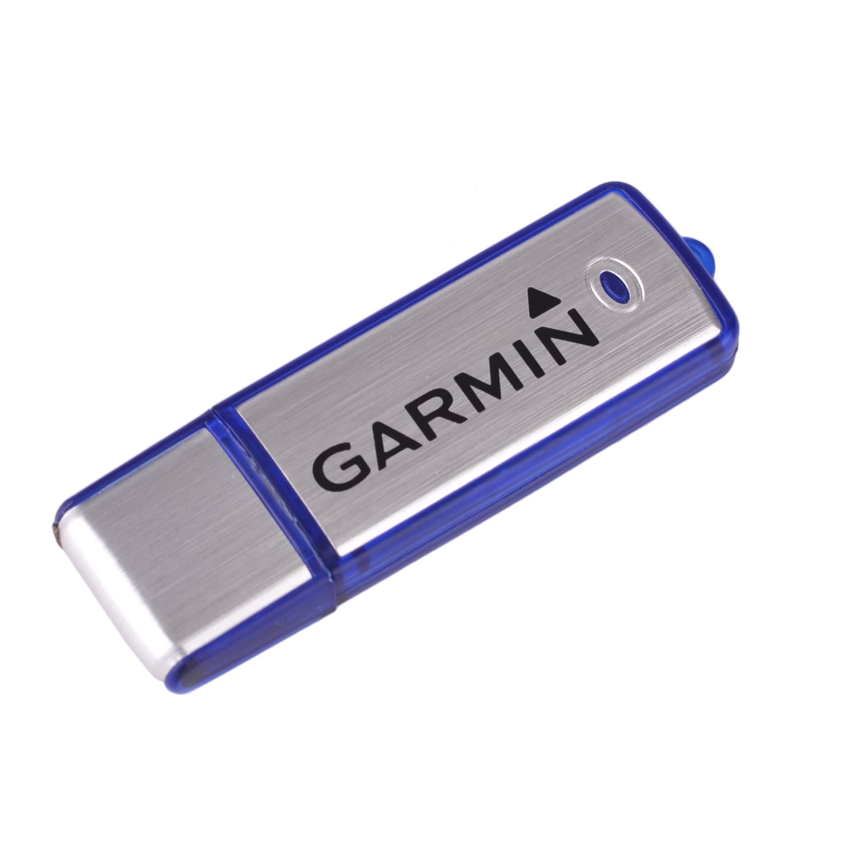 A silver and blue flash drive with a metallic finish and a logo.