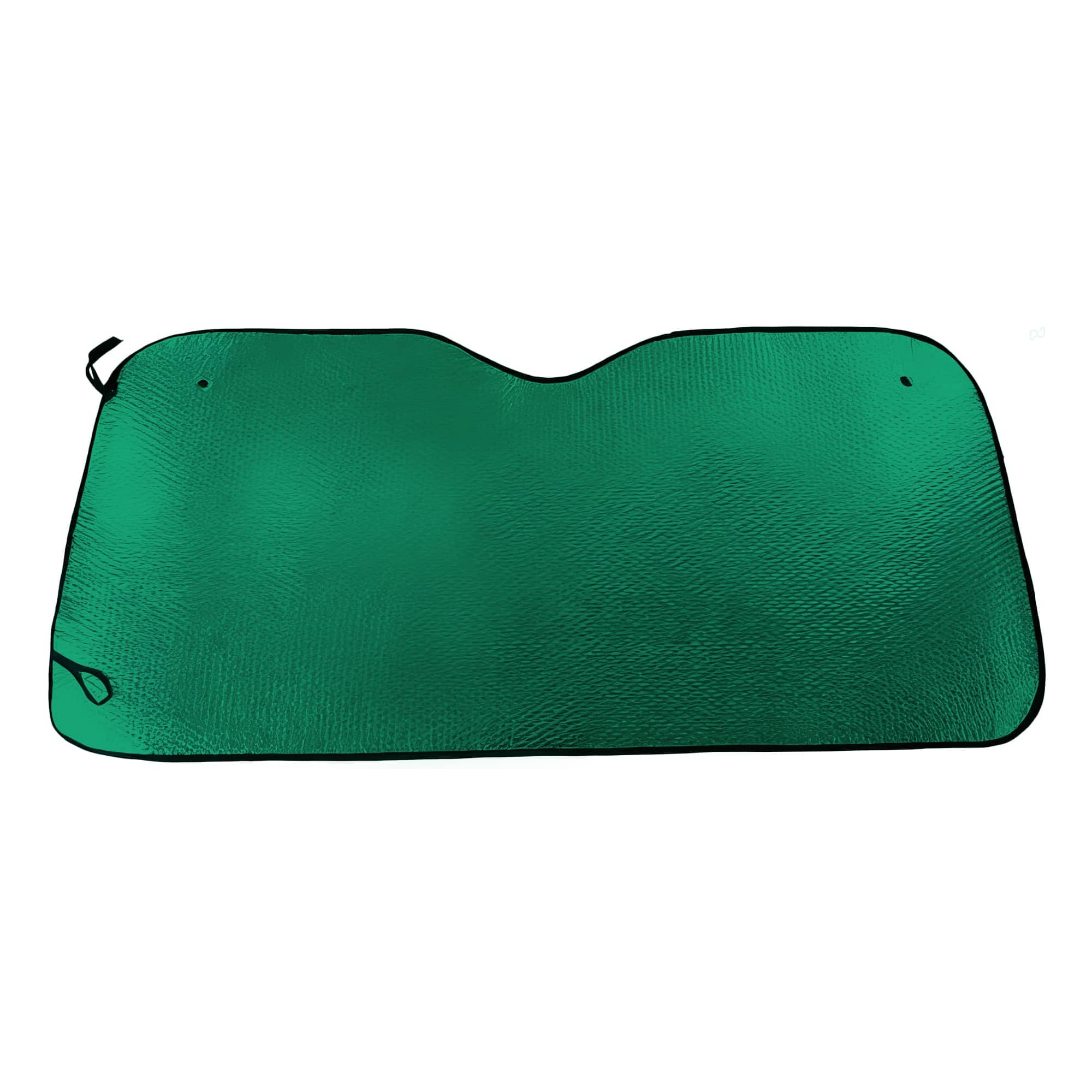A green bubble aluminium car sunshade with a black trim and dual attachment points.