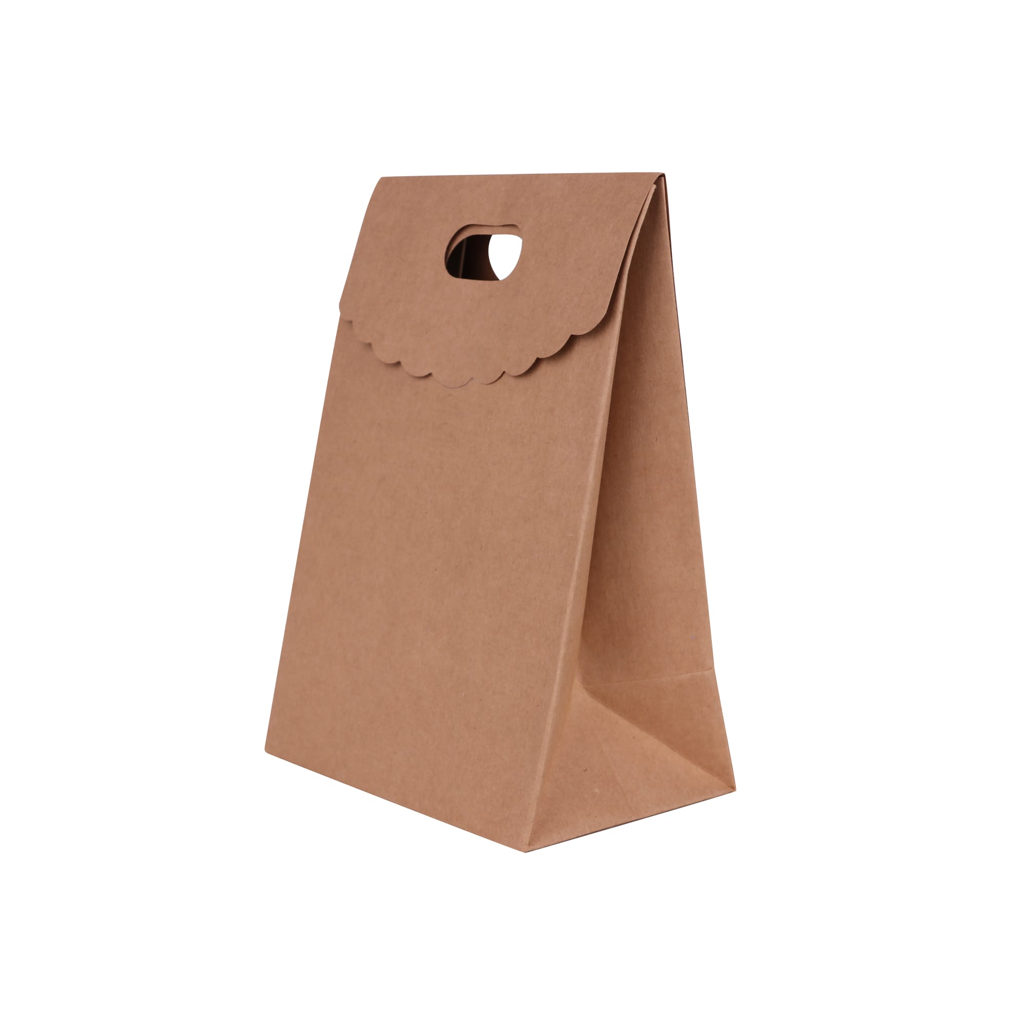 A brown die cut handle bag with a flap and a scalloped top edge, featuring a cut-out handle.