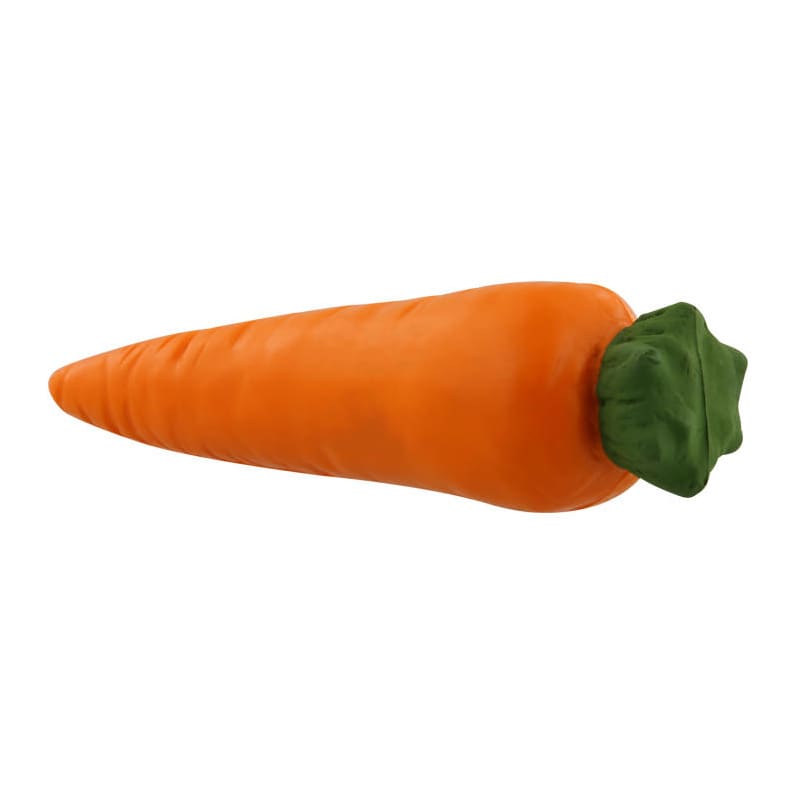 An orange carrot-shaped stress reliever with a green top, featuring a smooth texture.