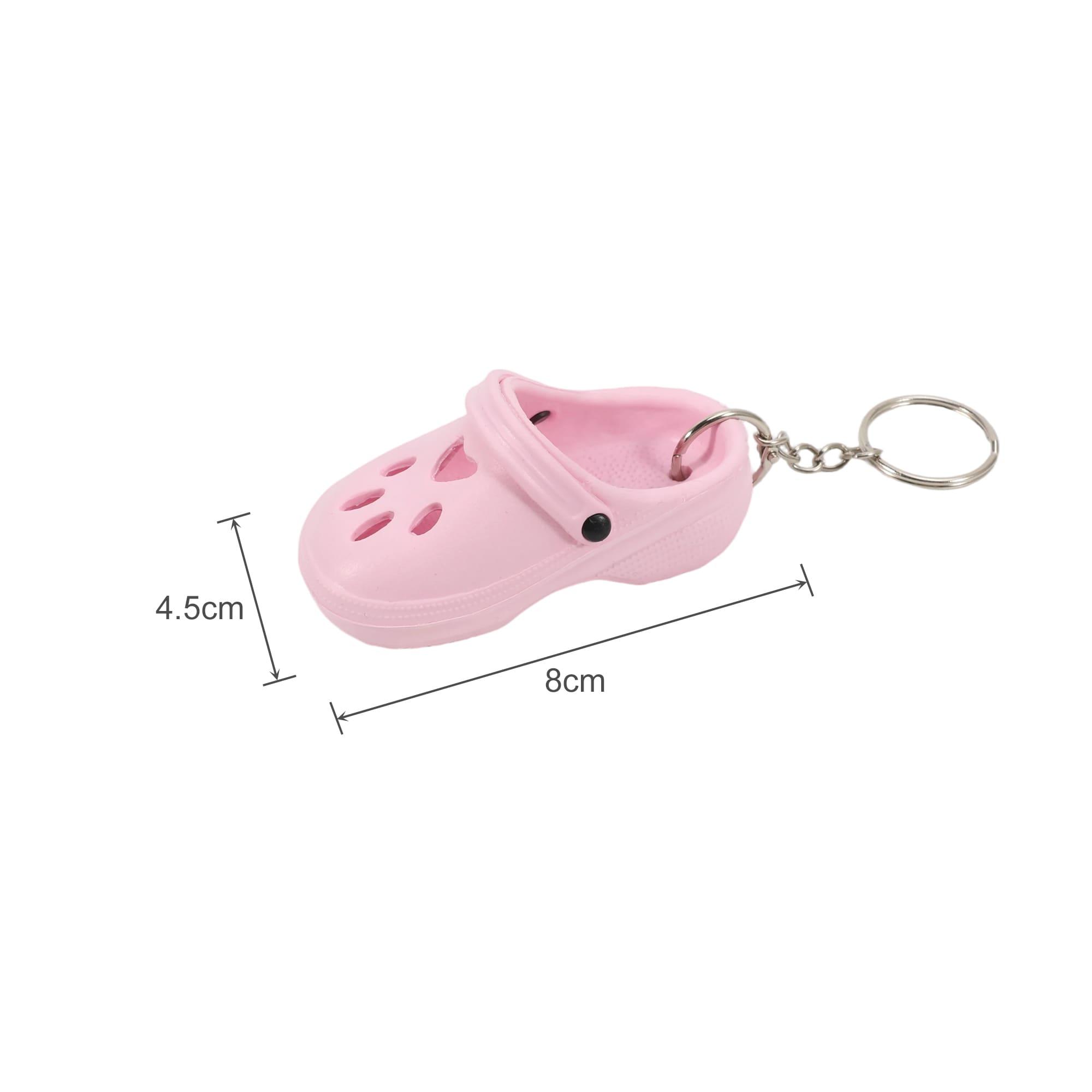 A pink paw-shaped clog shoe keyring with a keychain attachment, measuring 4.5 cm by 8 cm.