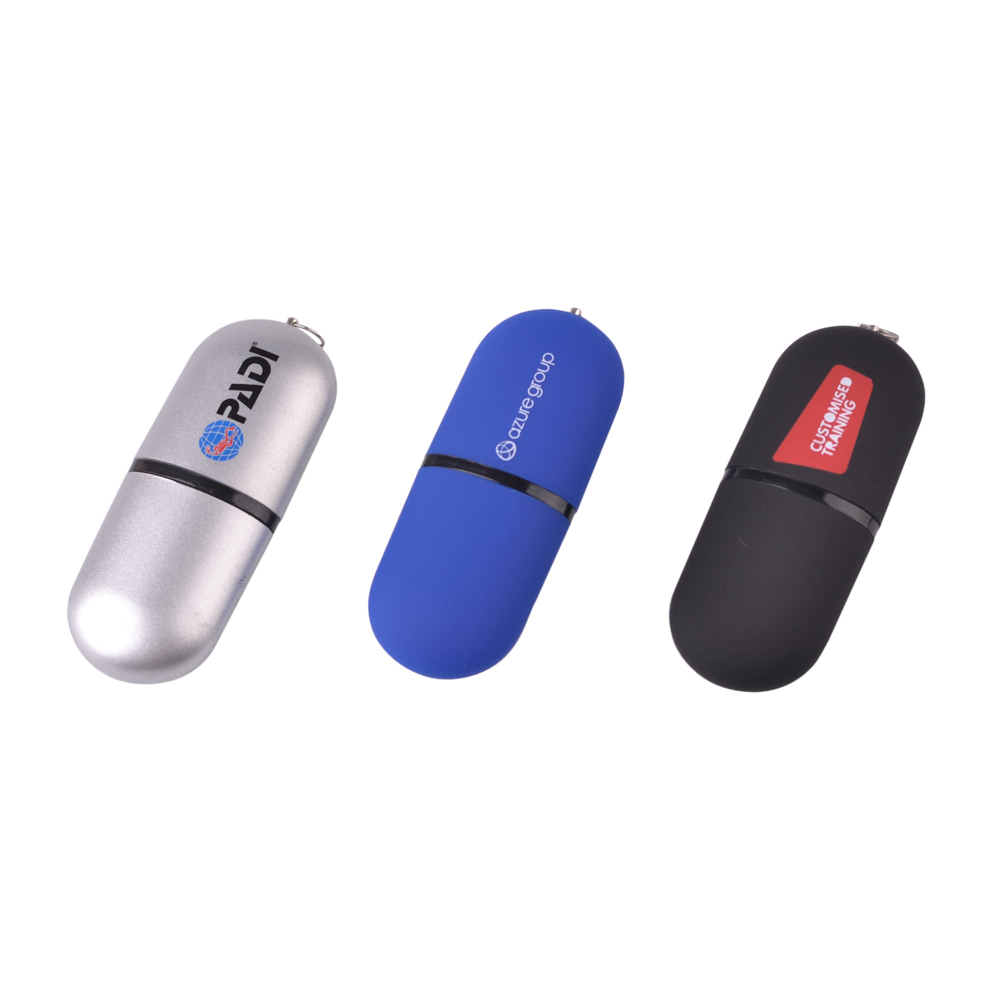 Three oval-shaped flash drives in silver, blue, and black, each with a logo and a metallic finish.