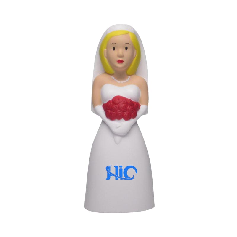 A white wedding cake topper shaped stress reliever features a bride with blonde hair and a red bouquet. It includes a logo.