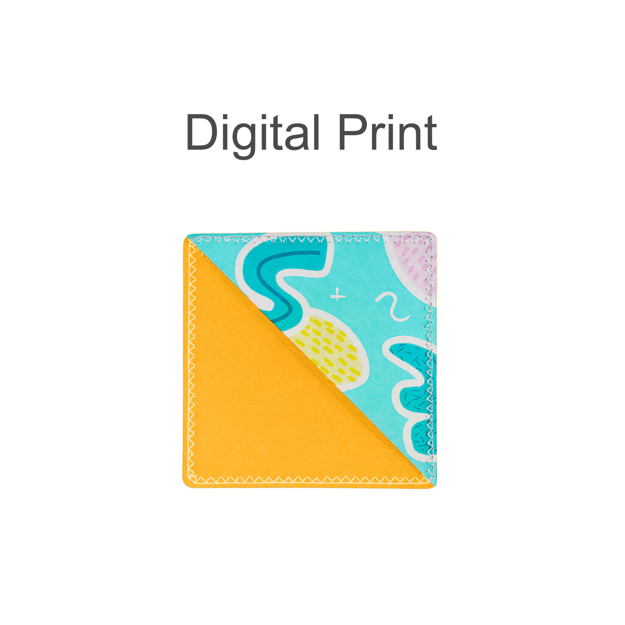 A colourful PU bookmark with a blue and yellow design and decorative stitching, featuring a logo in the corner.