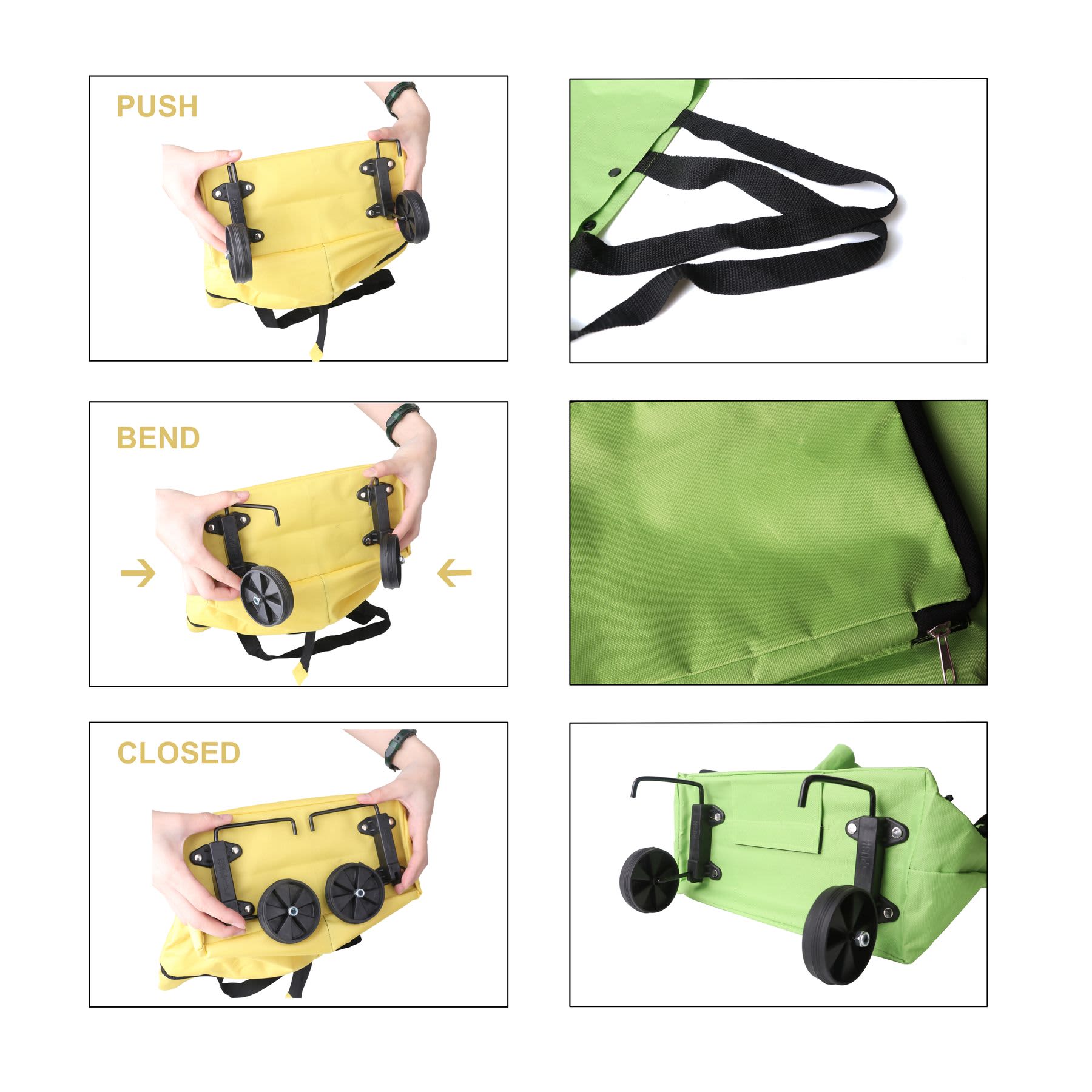 A yellow and green collapsible shopping trolley bag demonstrating its folding mechanism with wheels and handles.