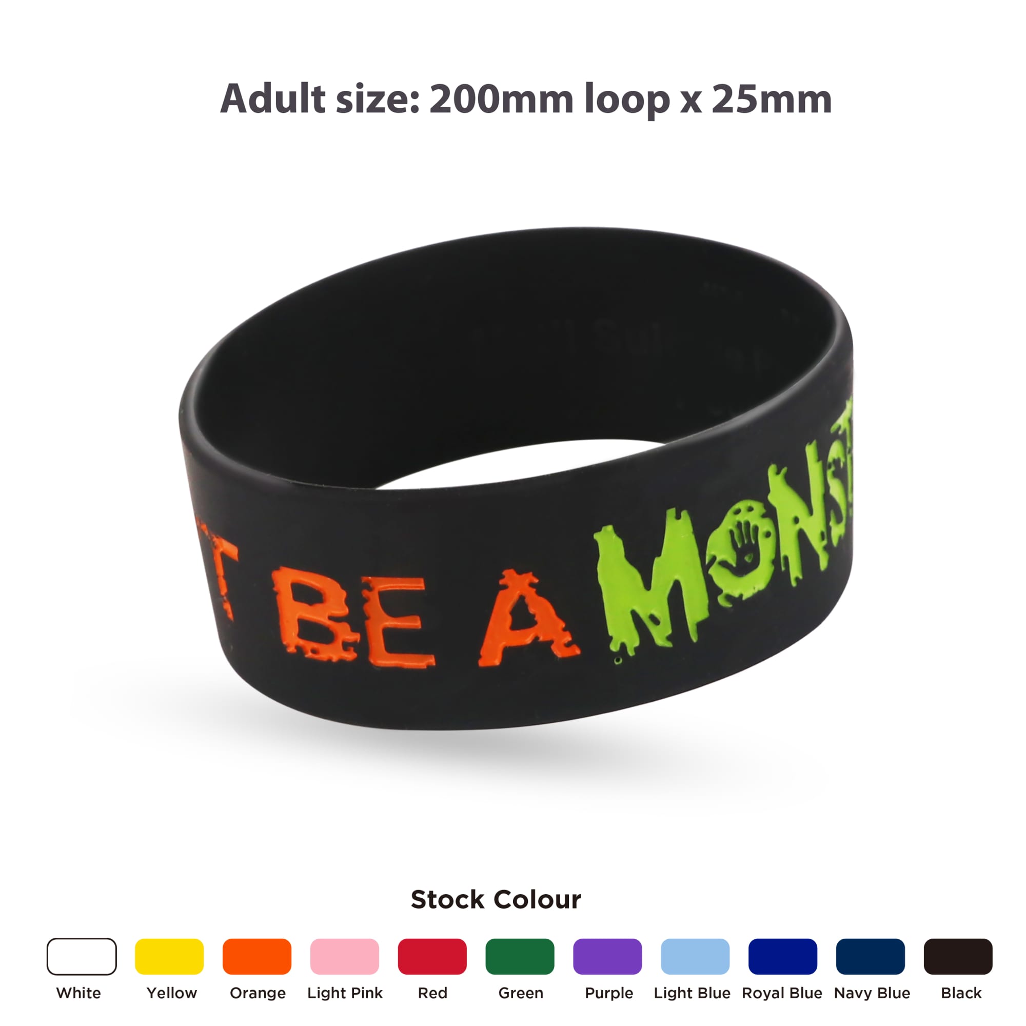 A black debossed wristband with bright orange and green text. It features a logo and measures 200mm x 25mm.