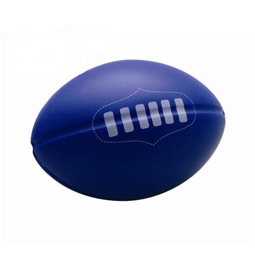 A blue stress Australian football with a decorative logo on the surface, shaped like a traditional rugby ball.