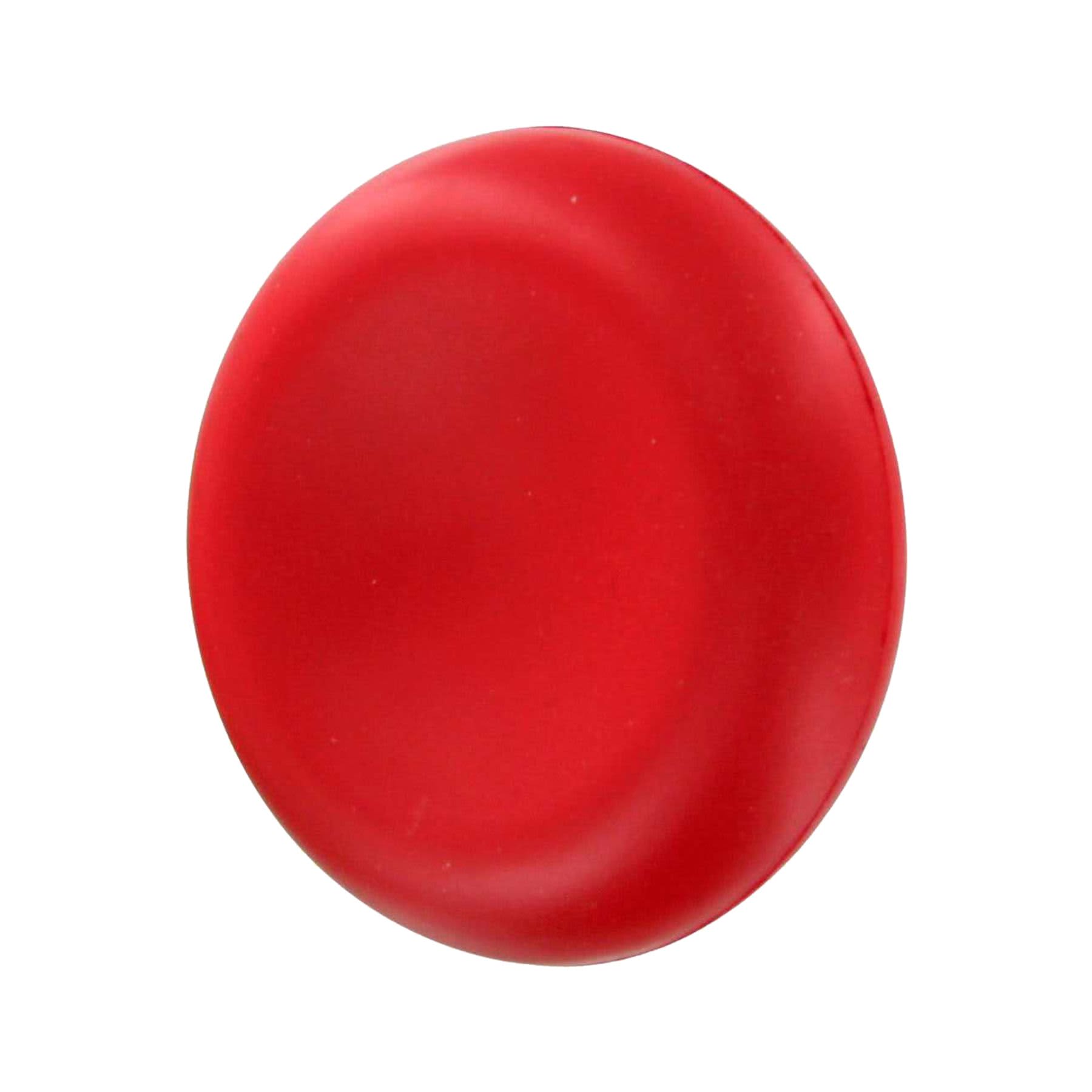 A red, round stress reliever featuring a smooth surface. It has a logo on one side.