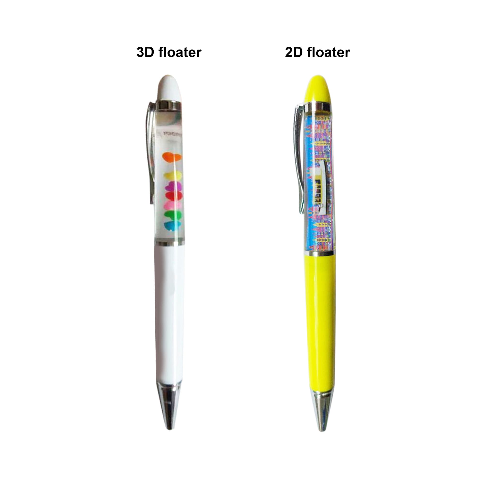 Two floating pens: one with a white body and colourful 3D floating design, and another in yellow with a 2D floating design.