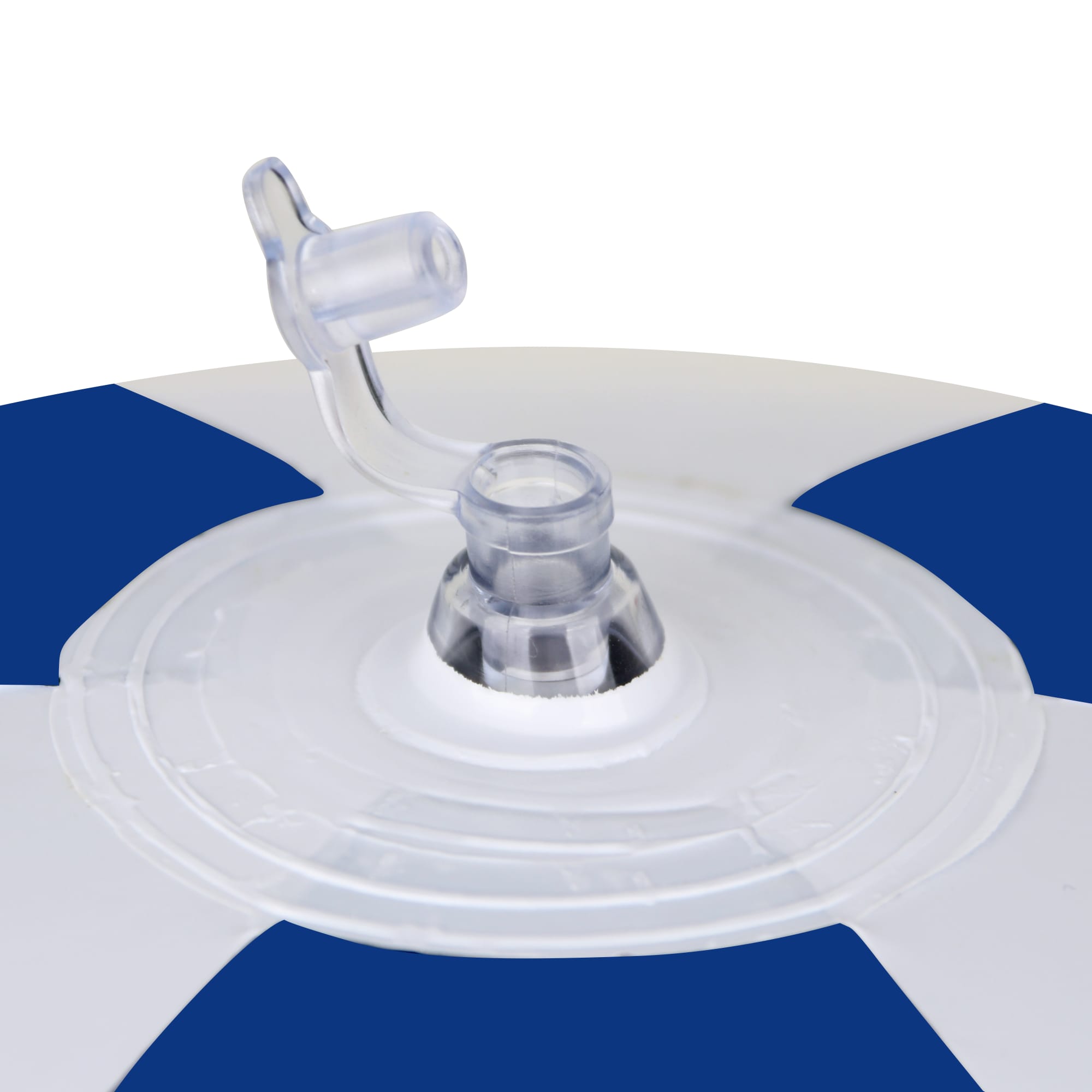 An inflatable beach ball featuring blue and white segments, with a transparent valve for inflation.