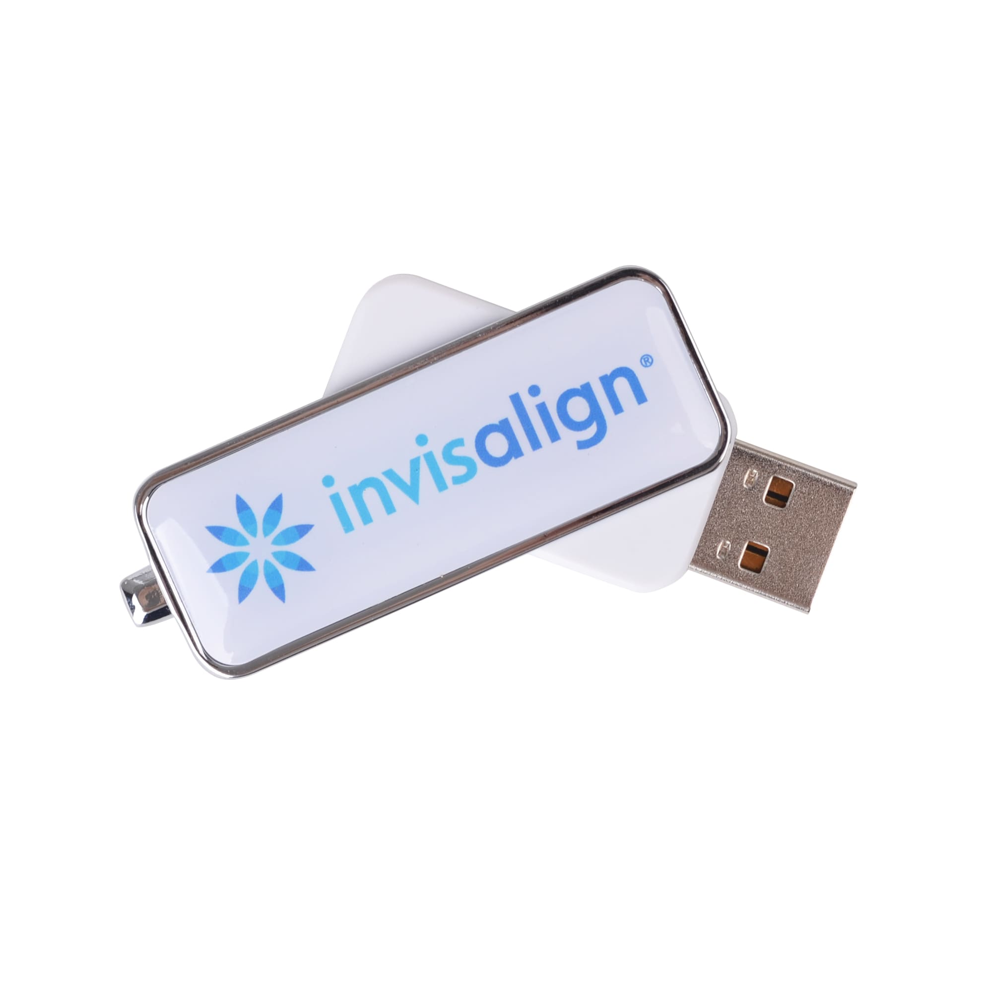 A silver and white flash drive featuring a logo, with a glossy surface and a removable USB connector.