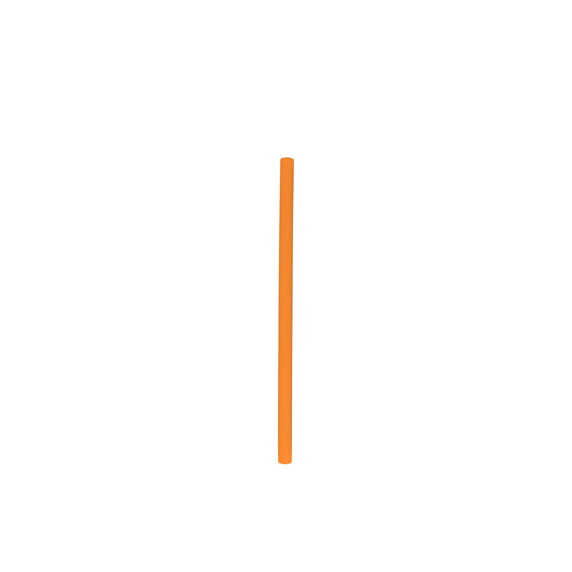 An orange reusable silicone straw with a smooth surface, featuring a small logo on one end.