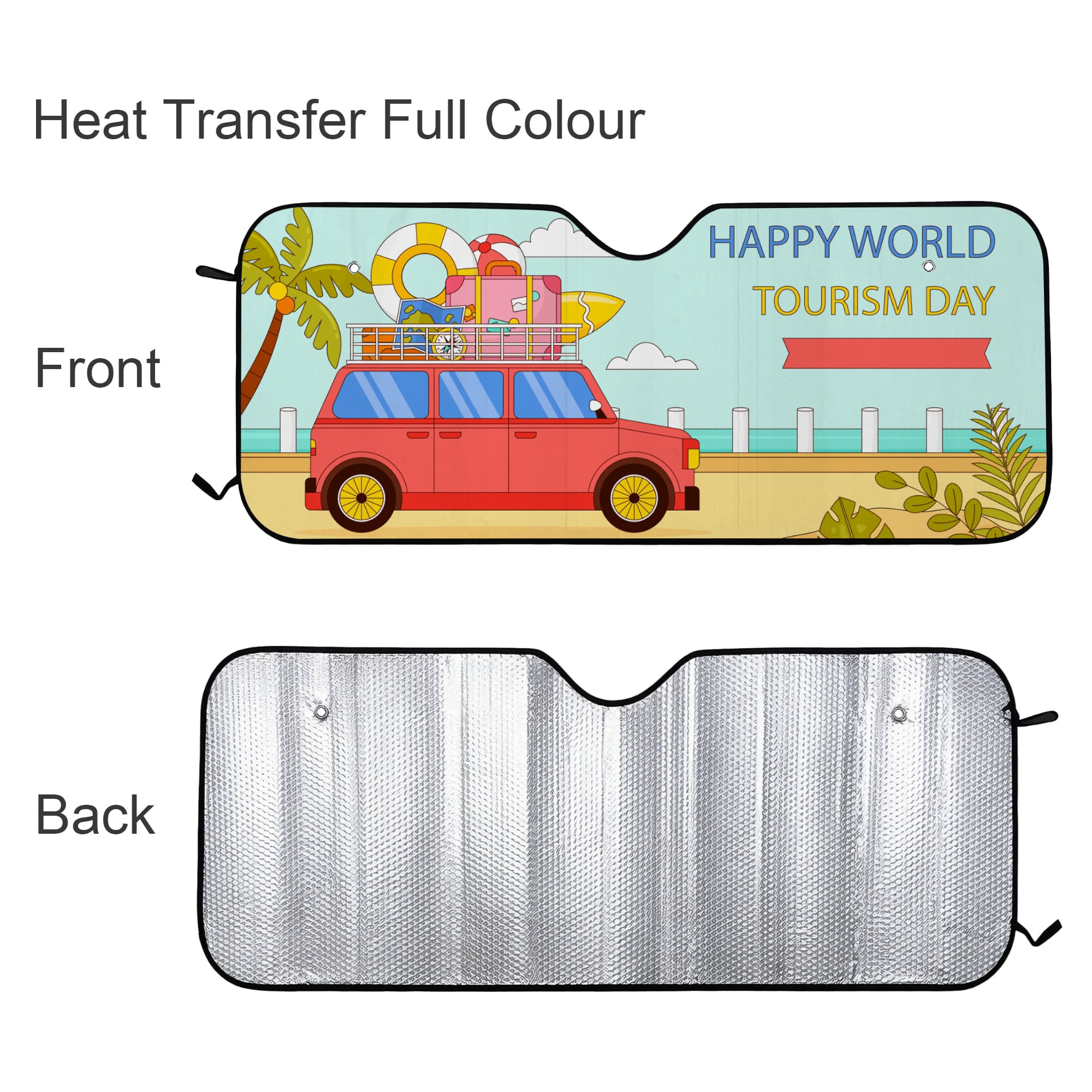 A full colour printed bubble aluminium car sun shade featuring a vibrant design with a red car, beach scene, and palm trees.