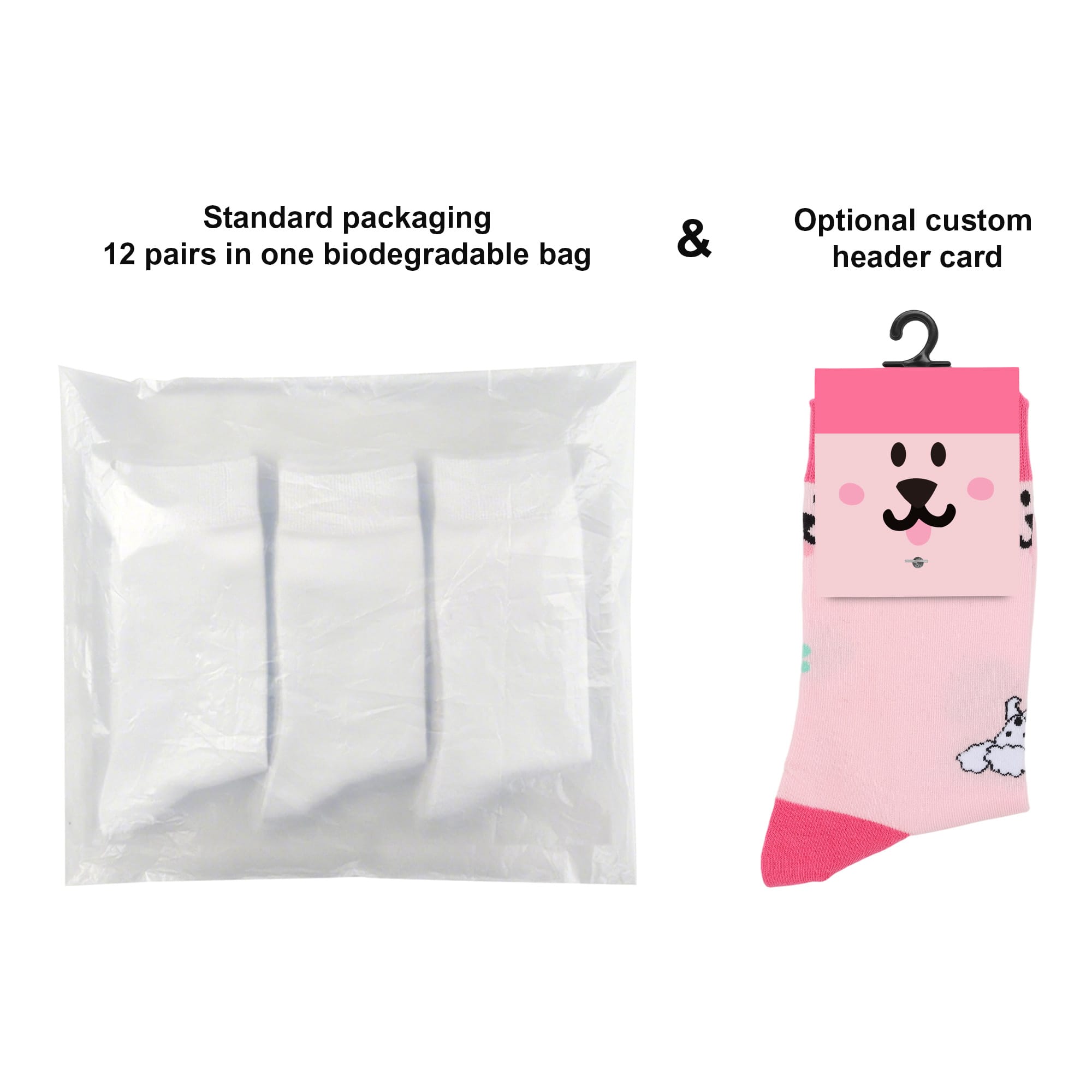 Custom patterned socks with ear shapes, featuring a pink design with a playful motif, packaged in a biodegradable bag.