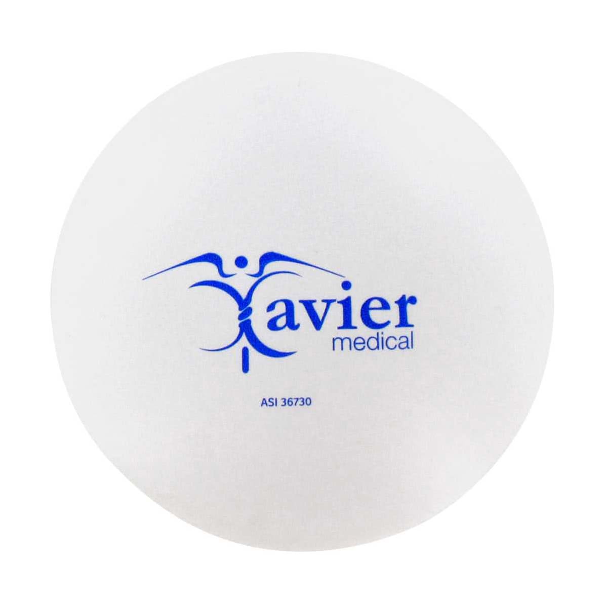 A white stress ball shaped like a tablet with a blue logo on one side.