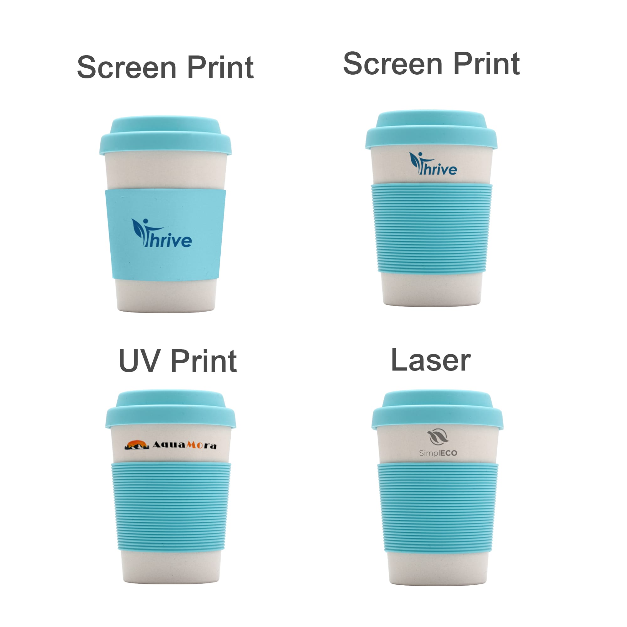A bamboo fibre coffee cup with a light blue silicone lid and grip, featuring various print options and a logo.