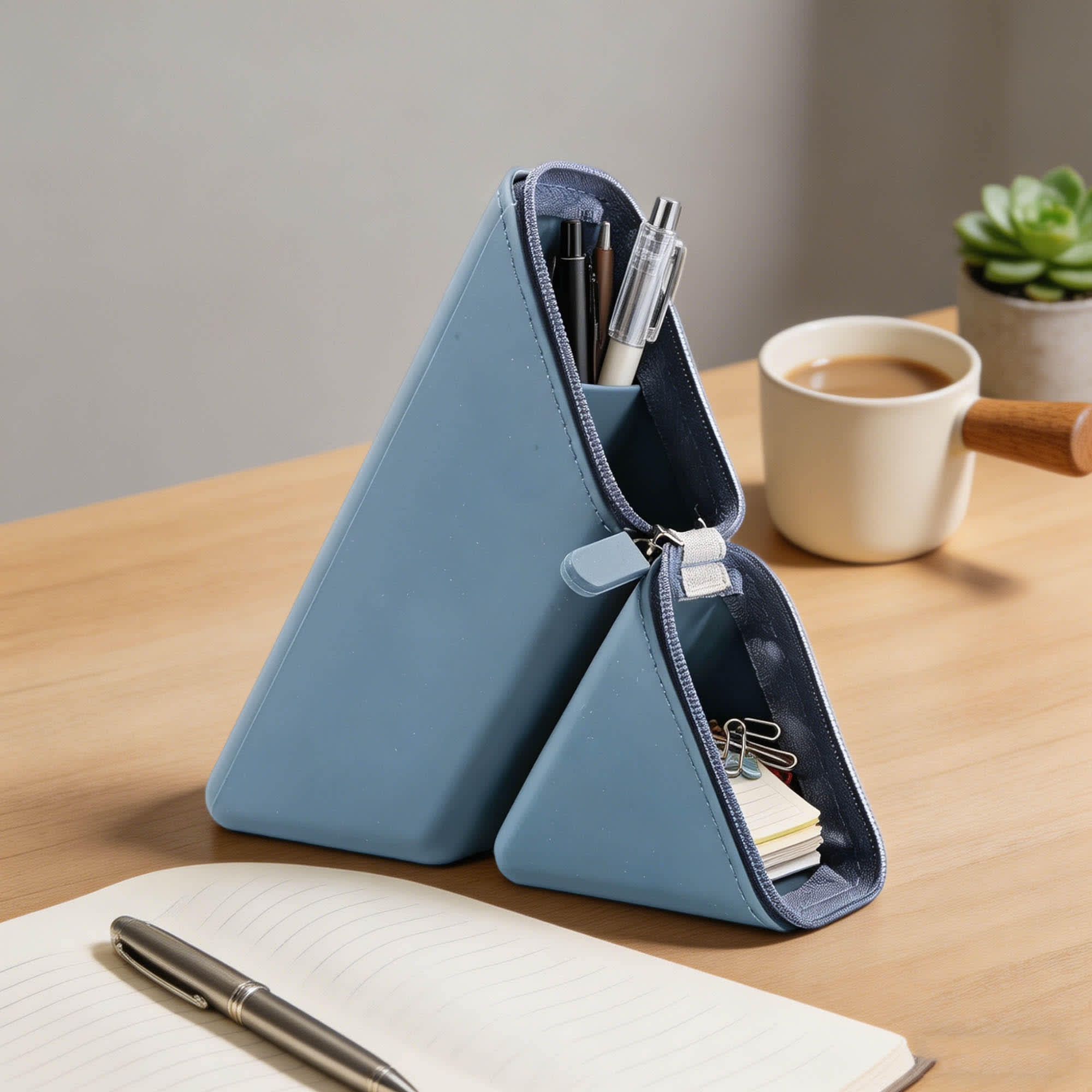 A blue silicone pen holder featuring two triangular compartments, filled with pens, sticky notes, and clips.