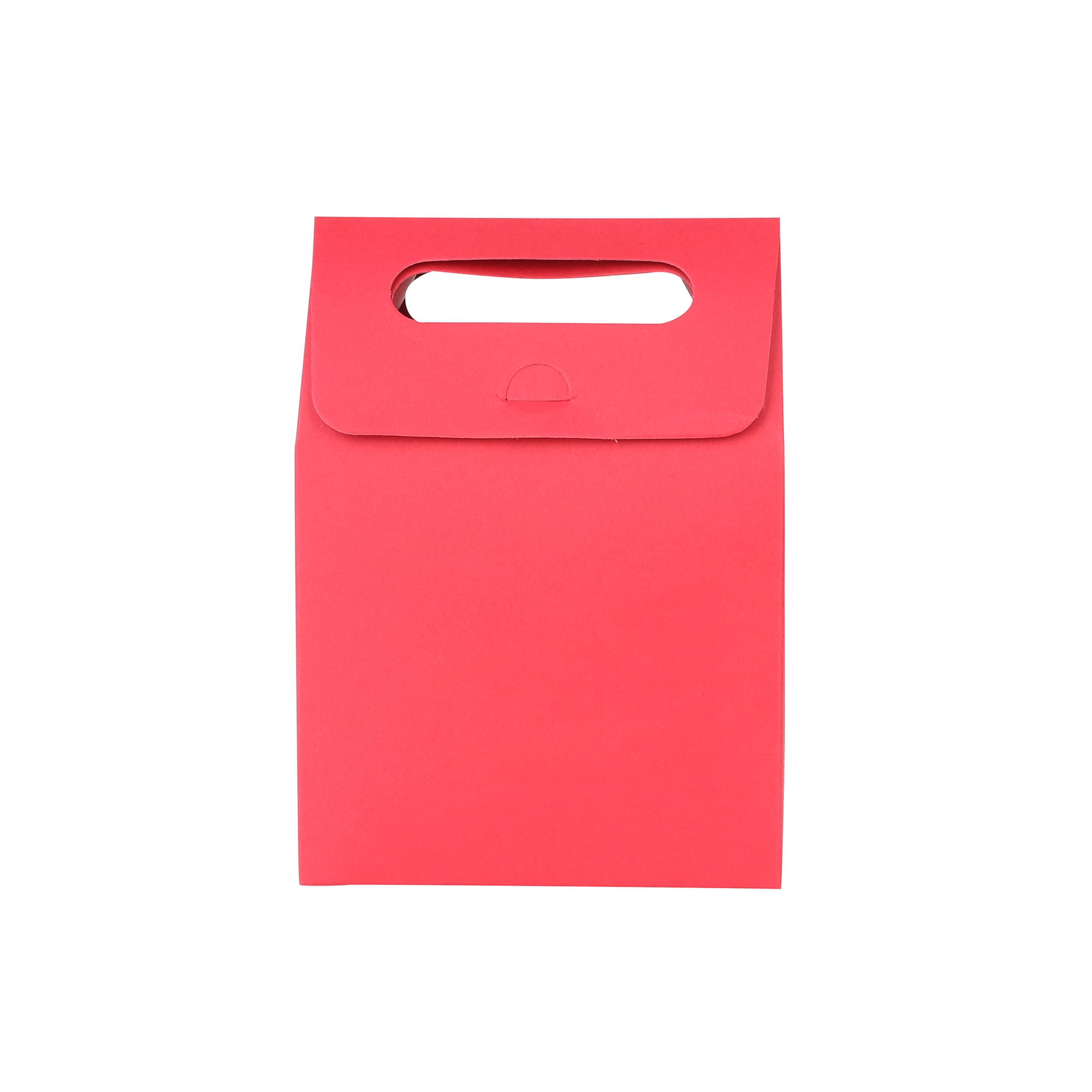 A red die cut handle bag measuring 100x160x60mm, featuring a handle at the top.