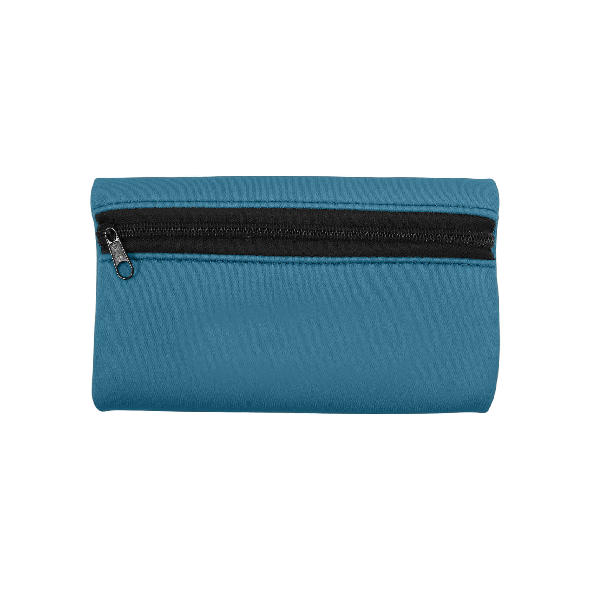 A small teal neoprene pencil pouch with a zippered closure and a simple design.