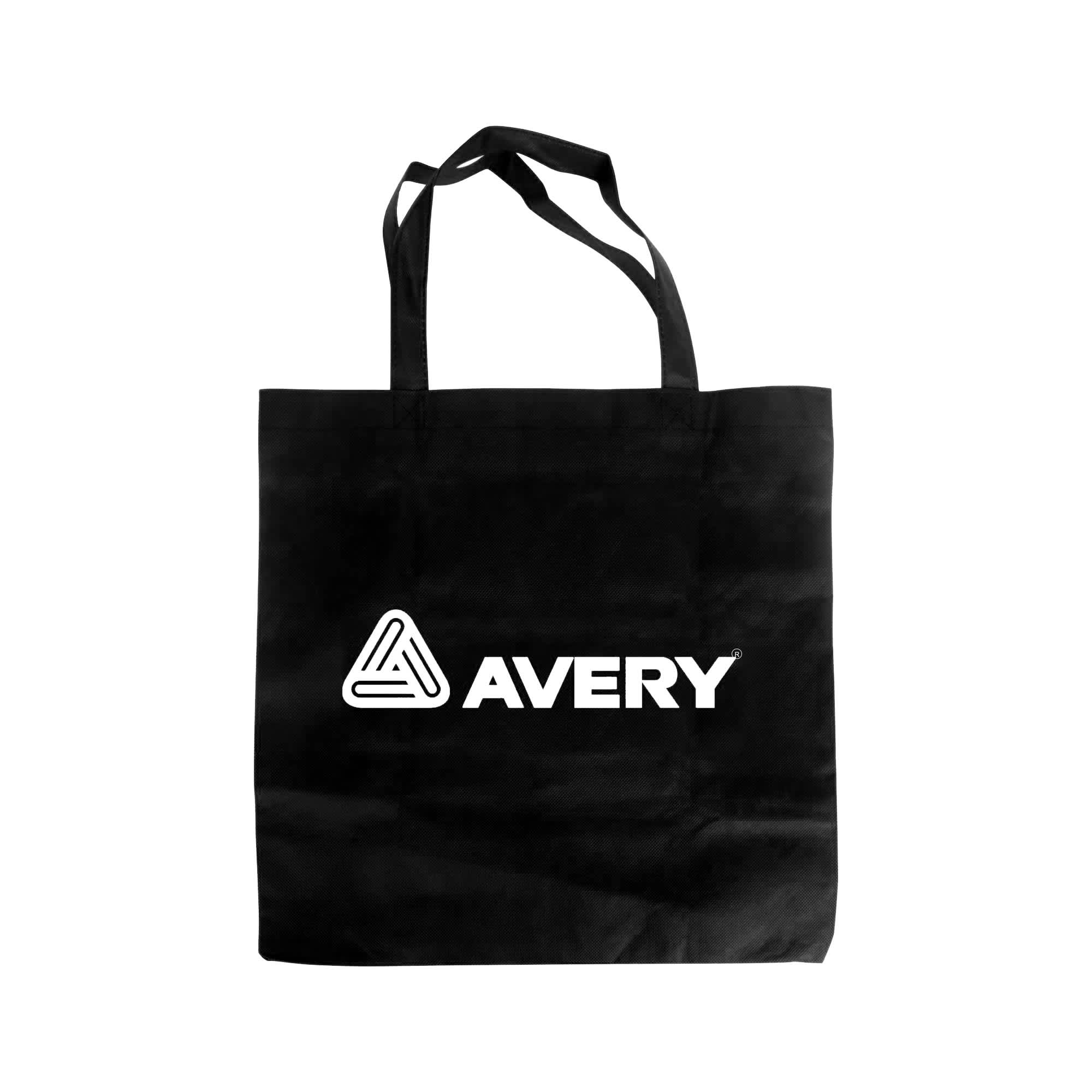 A black non-woven foldable bag featuring a logo. It has two sturdy handles for carrying.