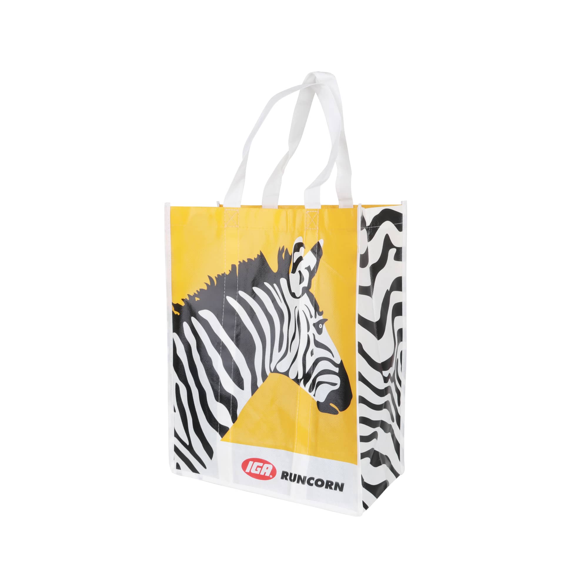 A laminated non-woven bag featuring a zebra design in black and white with a yellow background and handles.