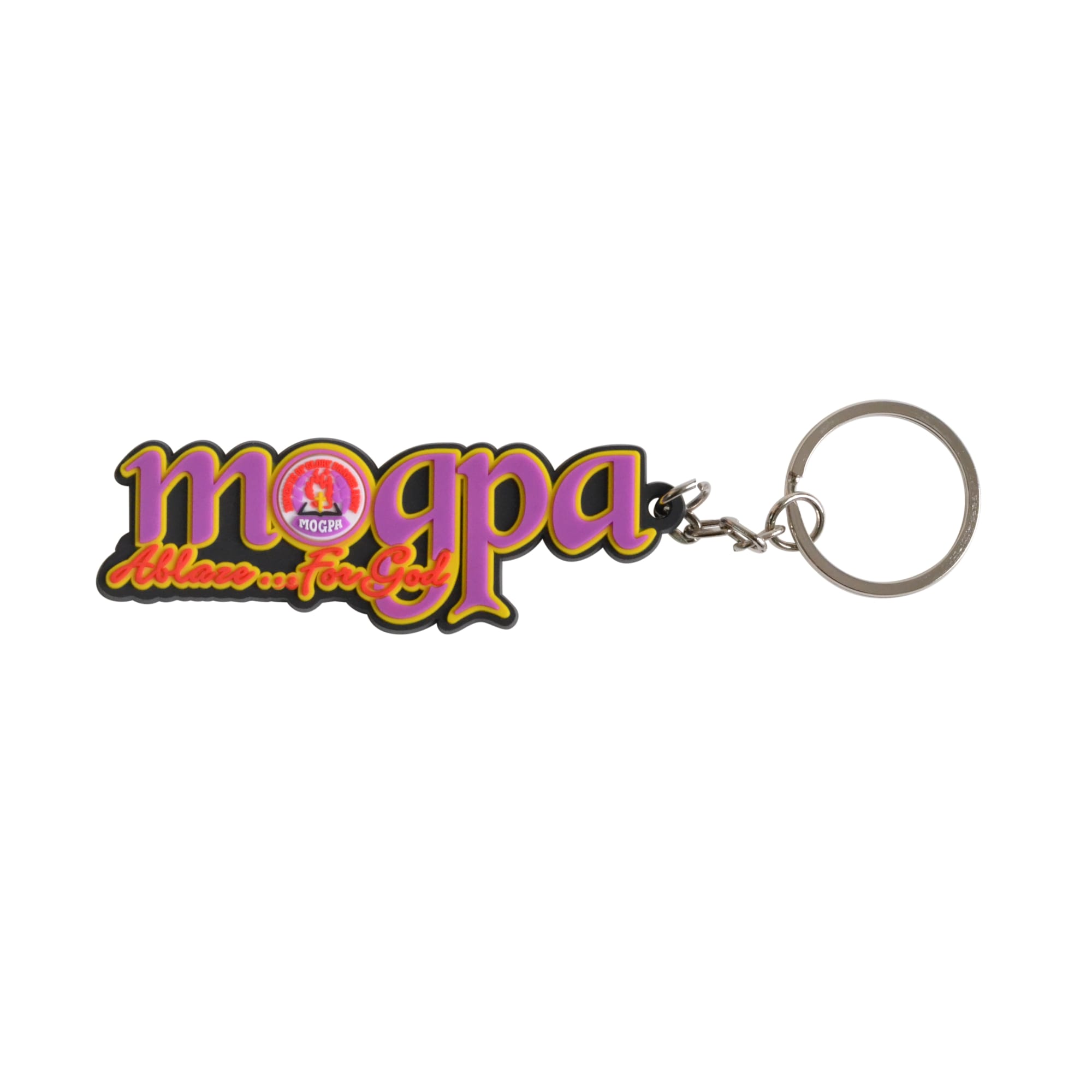 A custom-shaped PVC keyring in vibrant colours with a metal keyring attachment and branding.